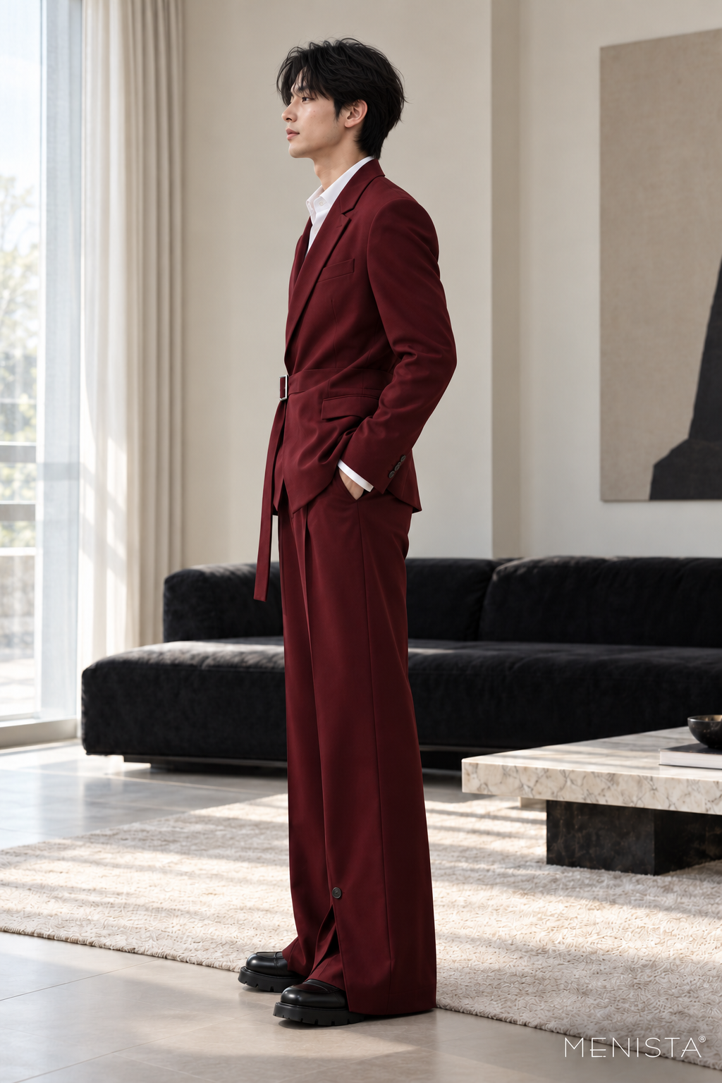 Dacian Burgundy Buckle-Wrap Wide-Leg 2PC Suit - standing side view