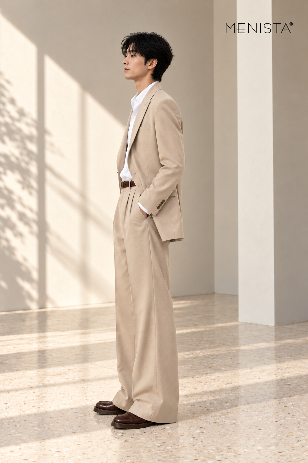 Ravello Beige Relaxed Wide-Leg 2PC Suit - standing side view