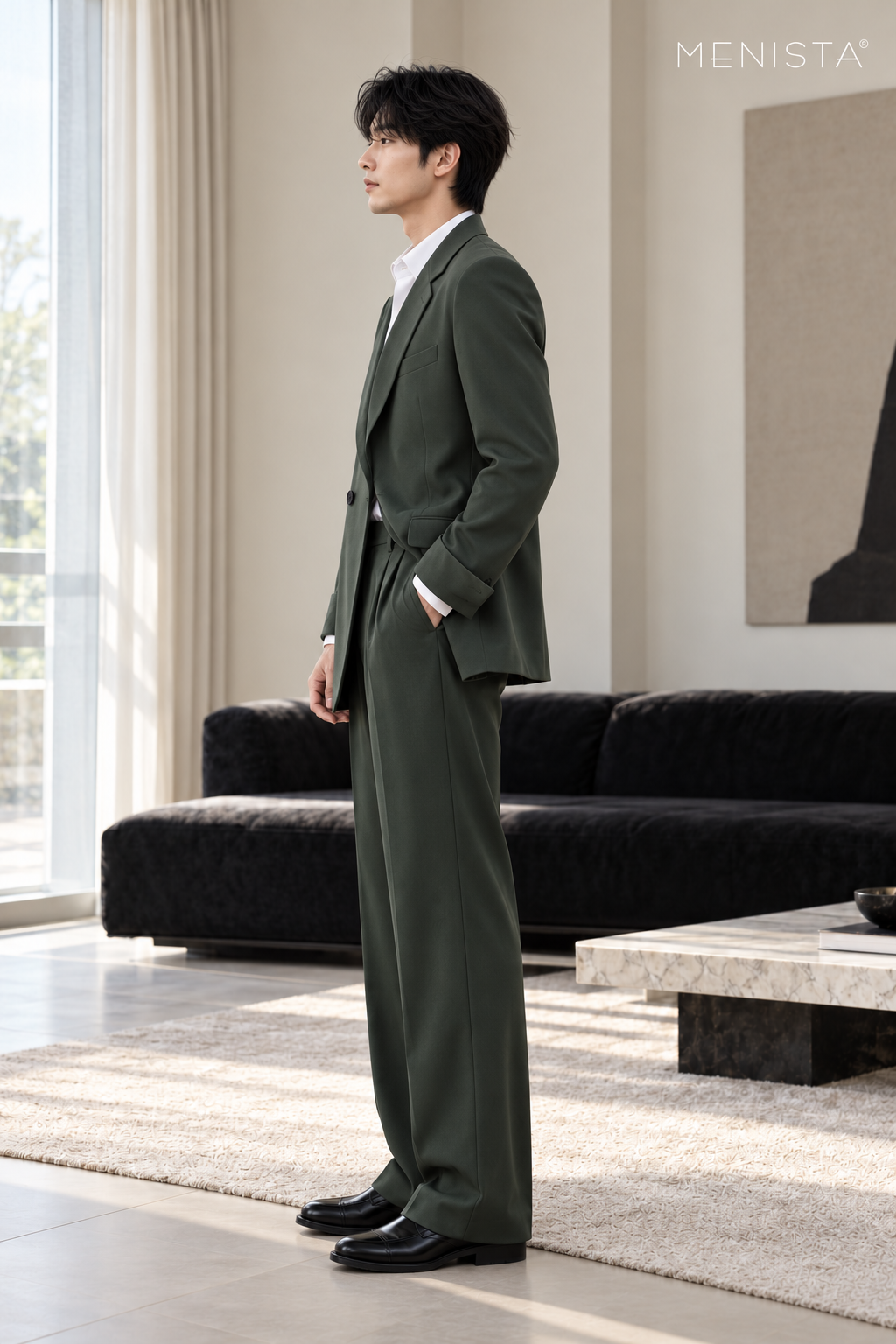 Isandro Forest Green Wrap-Front 2PC Suit - standing side view