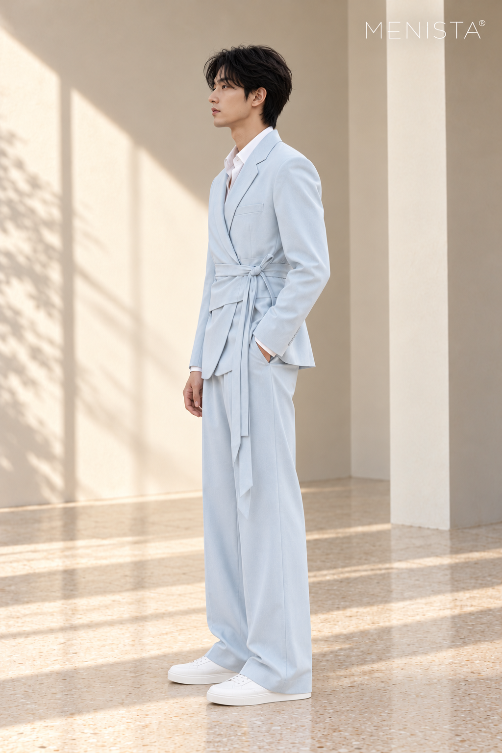 Zephyr Ice Blue Sash-Wrap 2PC Suit - standing side view