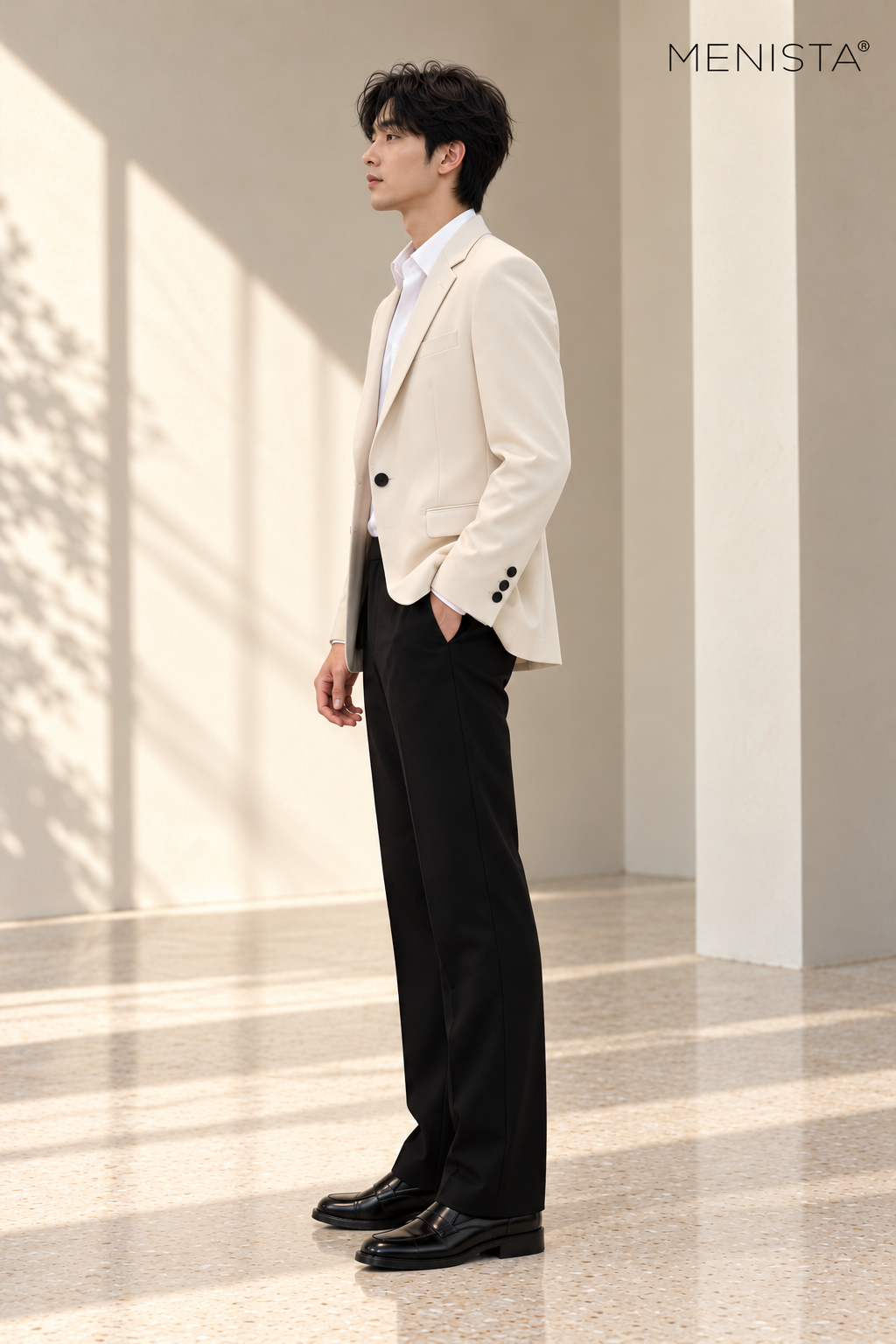 Draven Ivory and Black One-Button 2PC Suit Separates - standing side view