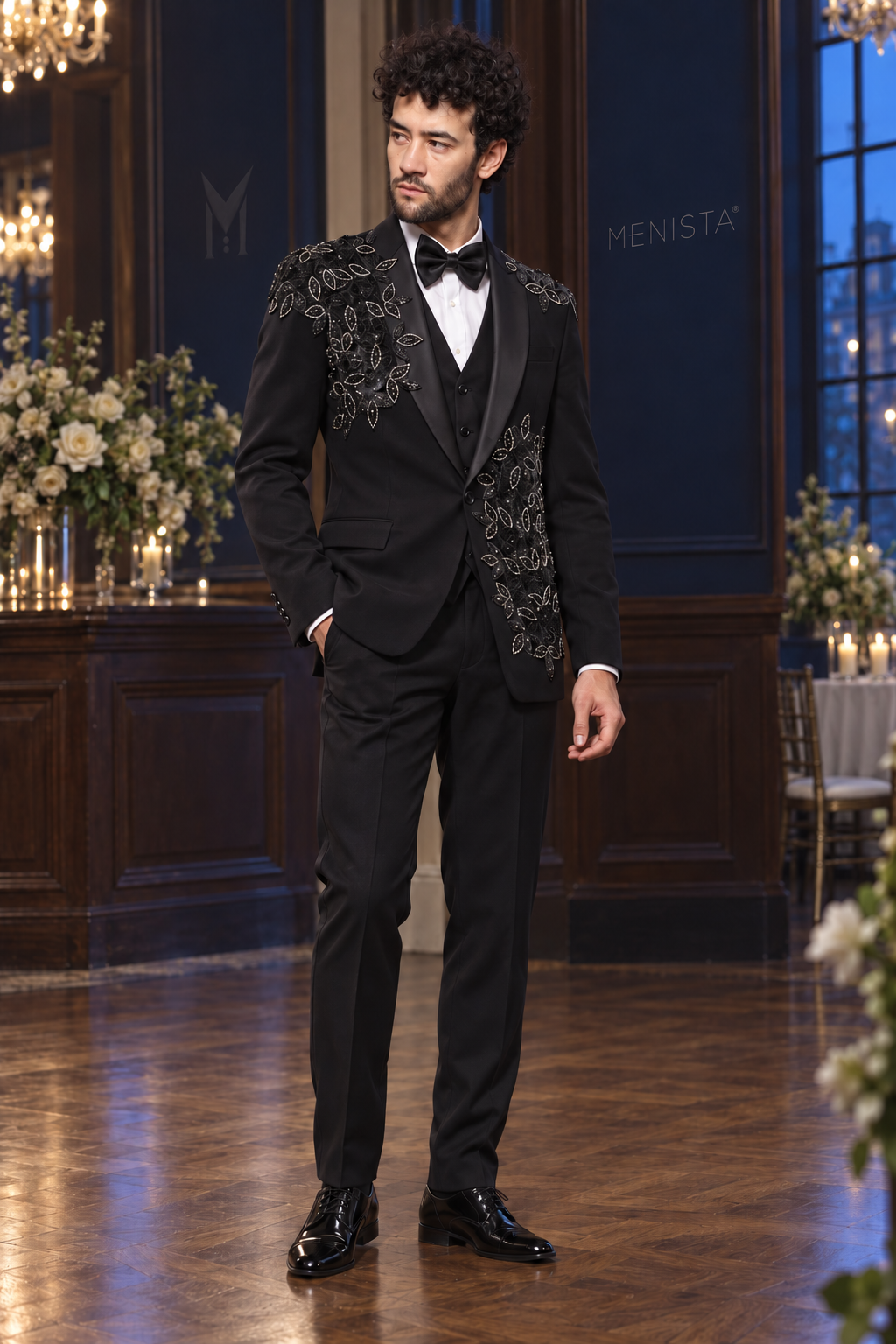 Three-quarter view of Ronan Black Leaf Beaded 3PC Tuxedo with one-button jacket and satin shawl lapels.