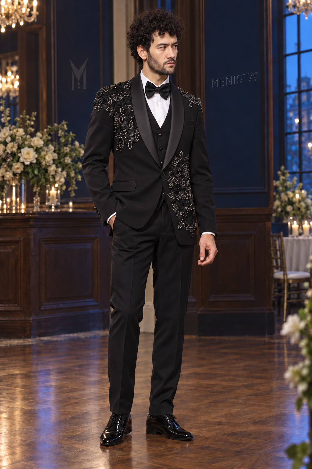 Three-quarter view of Ronan Black Leaf Beaded 3PC Tuxedo with one-button jacket and plain satin shawl lapels, leaf beadwork beneath the lapels.