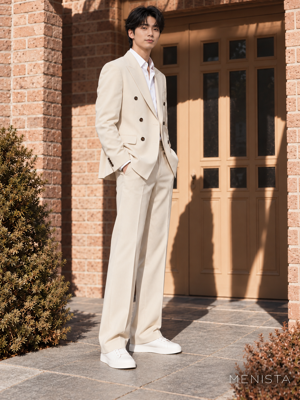 Aldren Ivory Six-Button Double-Breasted 2PC Suit - standing three-quarter side view