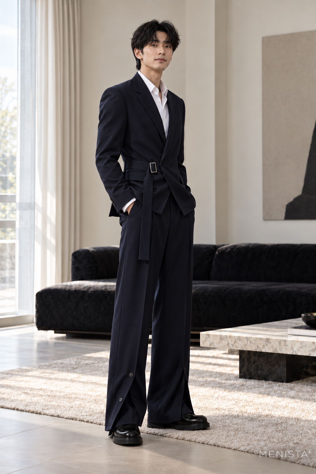 Osric Navy Buckle-Wrap Wide-Leg 2PC Suit - standing three-quarter side view