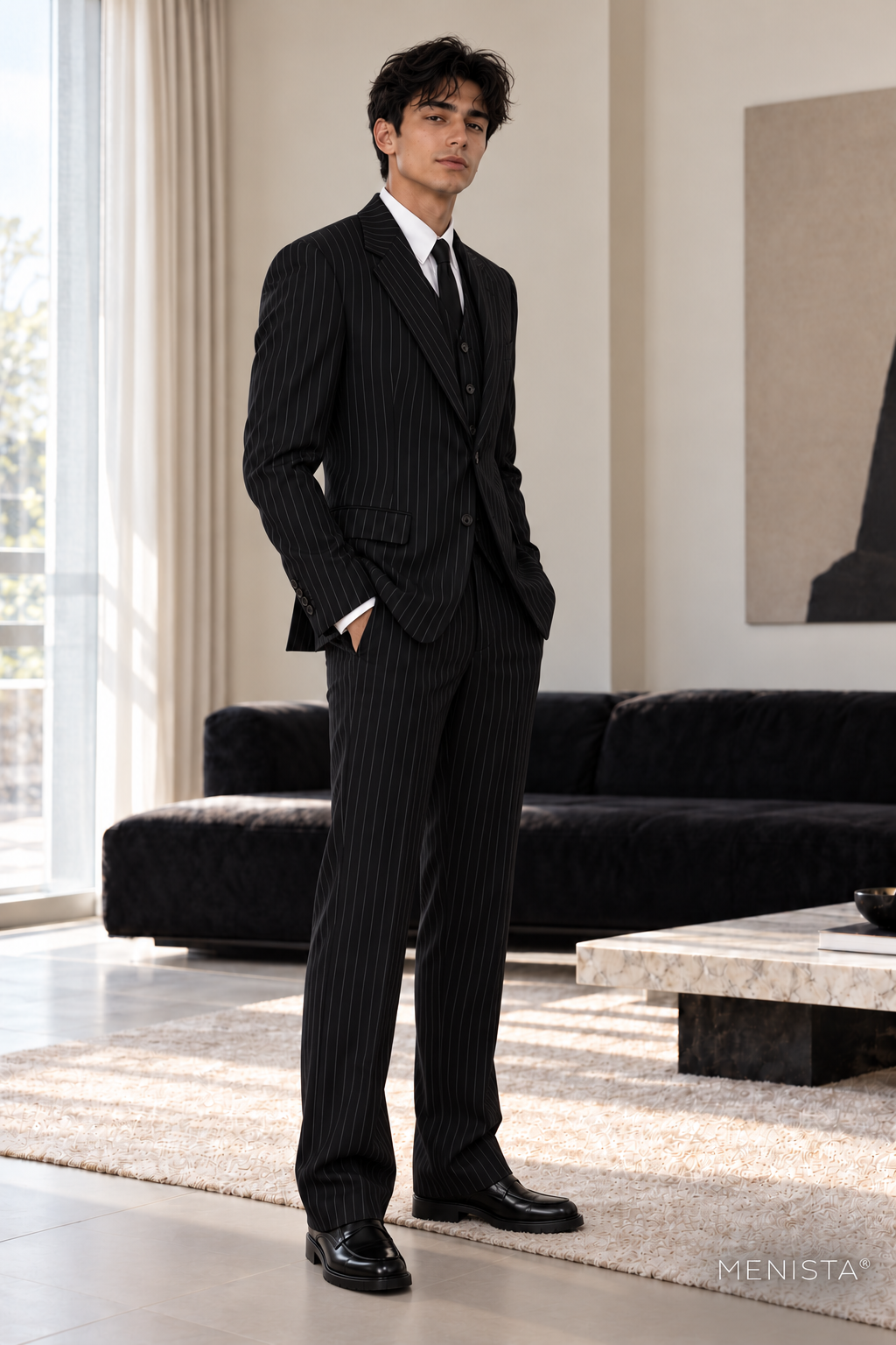Valerio Black Pinstripe 3PC Suit - standing three-quarter side view