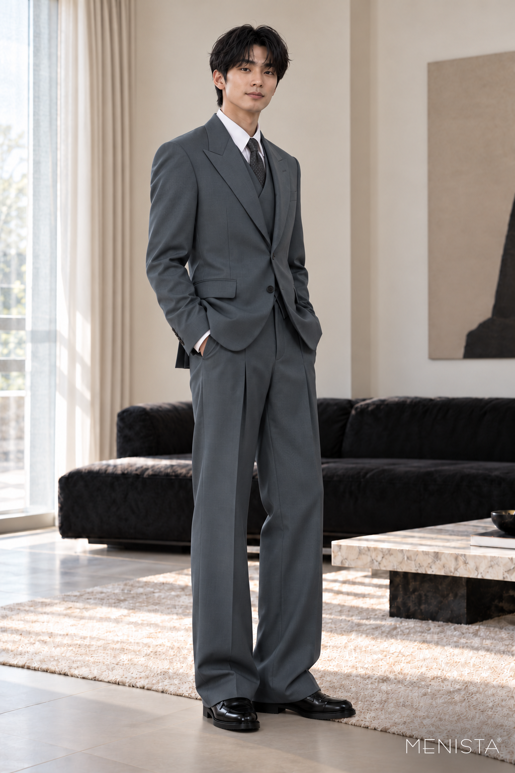 Theron Steel Grey Peak-Lapel 3PC Suit - standing three-quarter side view