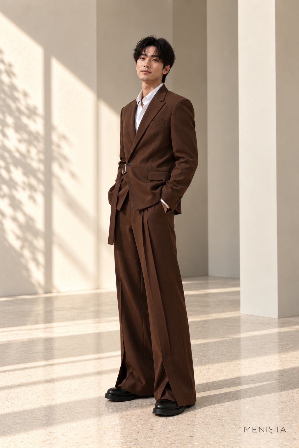 Marek Chocolate Brown Buckle-Wrap Wide-Leg 2PC Suit - standing three-quarter side view