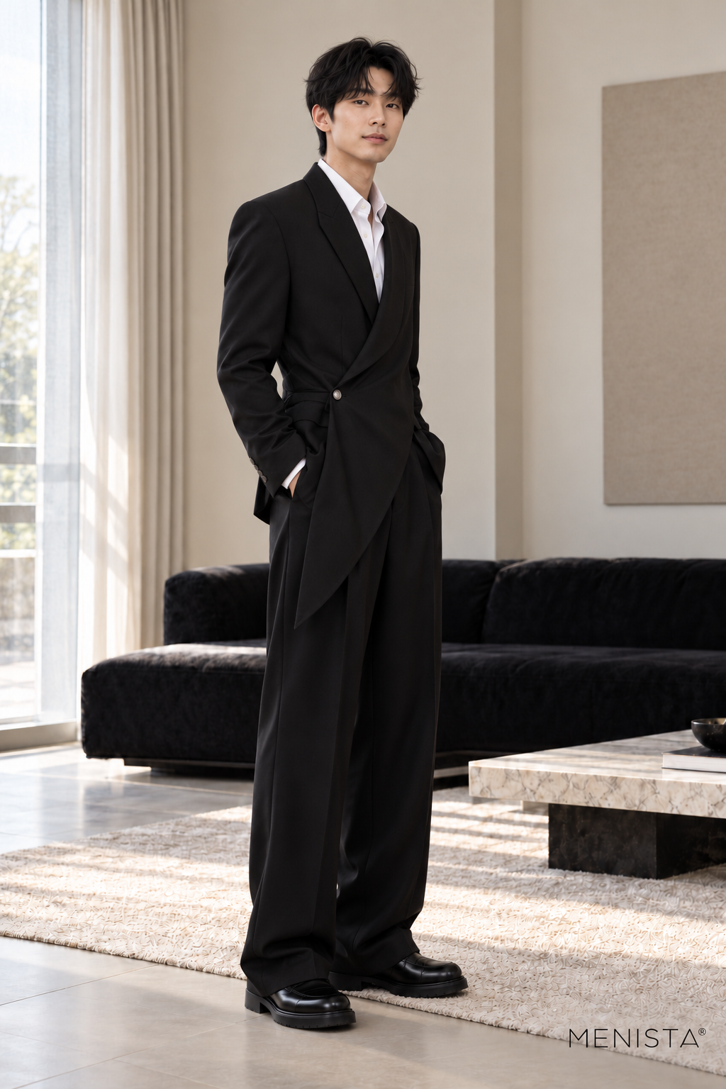 Darian Black Asymmetric Draped 2PC Suit - standing three-quarter side view