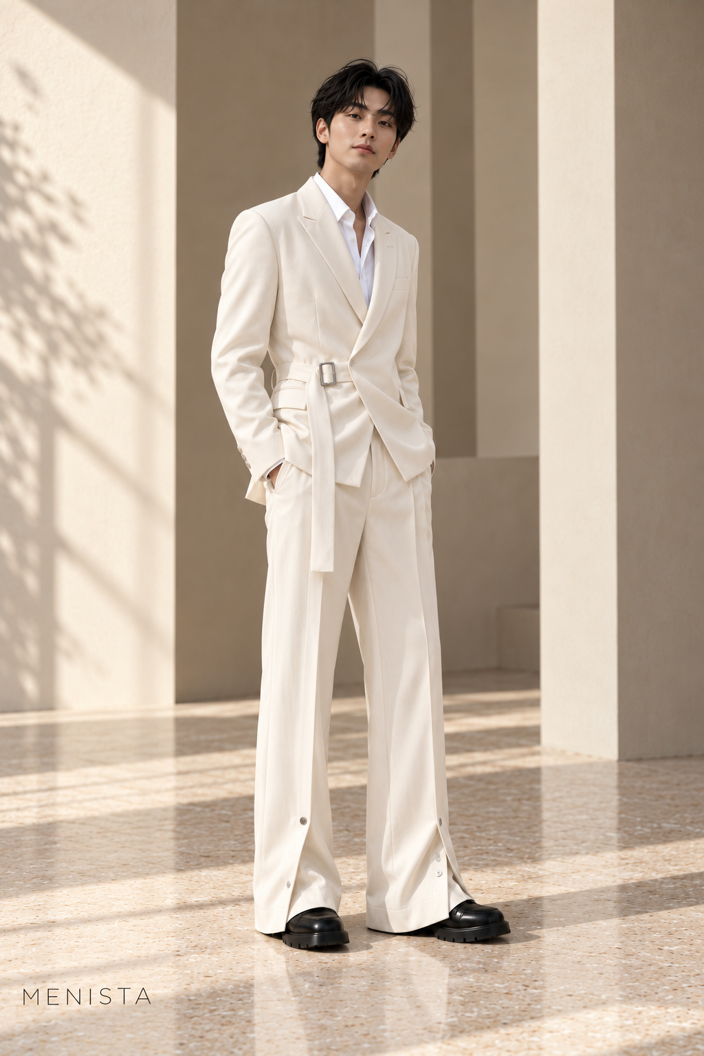 Nerian White Buckle-Wrap Wide-Leg 2PC Suit - standing three-quarter side view