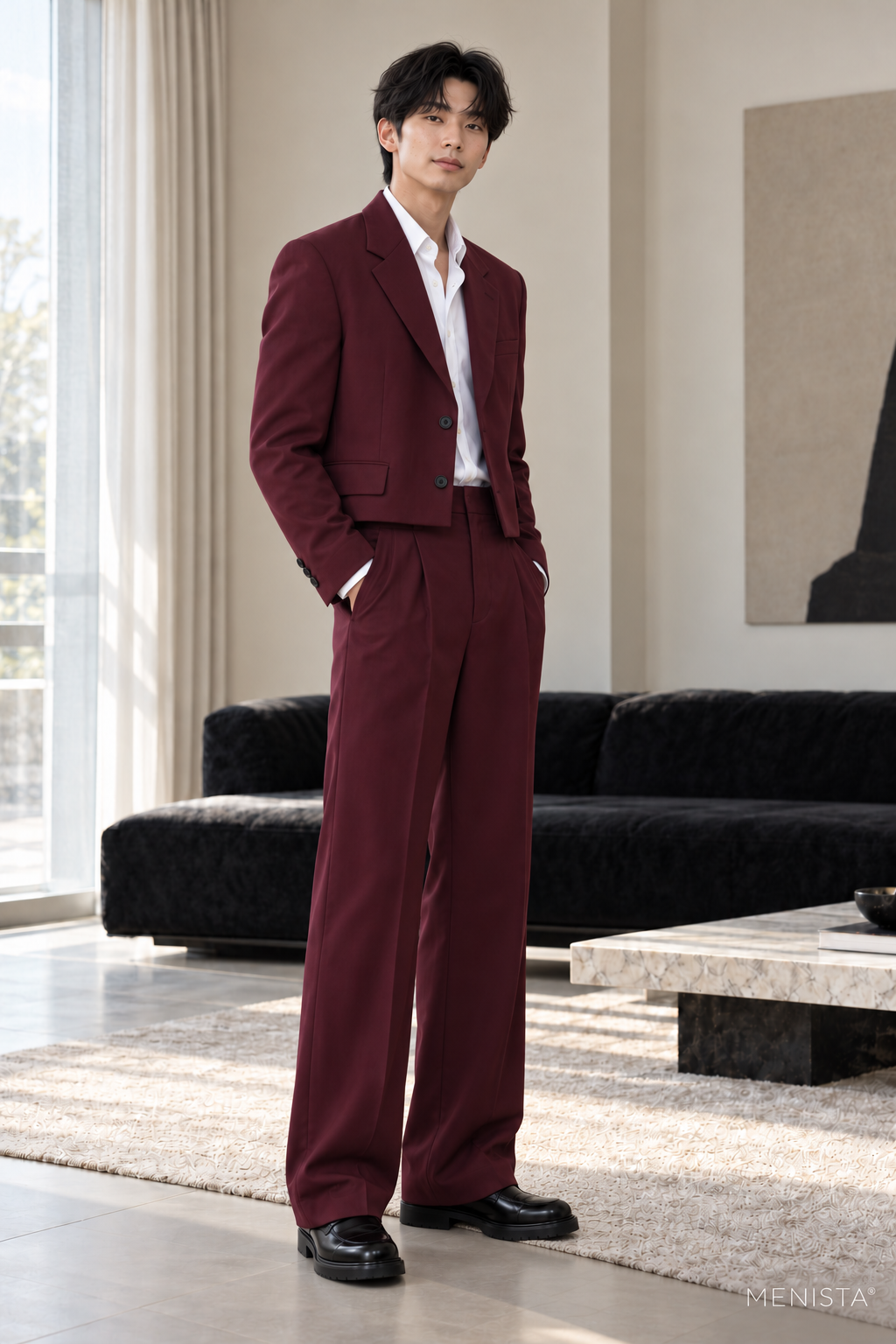 Leandro Burgundy Cropped Wide-Leg 2PC Suit - standing three-quarter side view