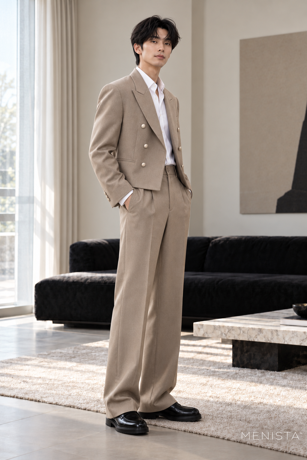 Emric Taupe Cropped Double-Breasted 2PC Suit - standing three-quarter side view