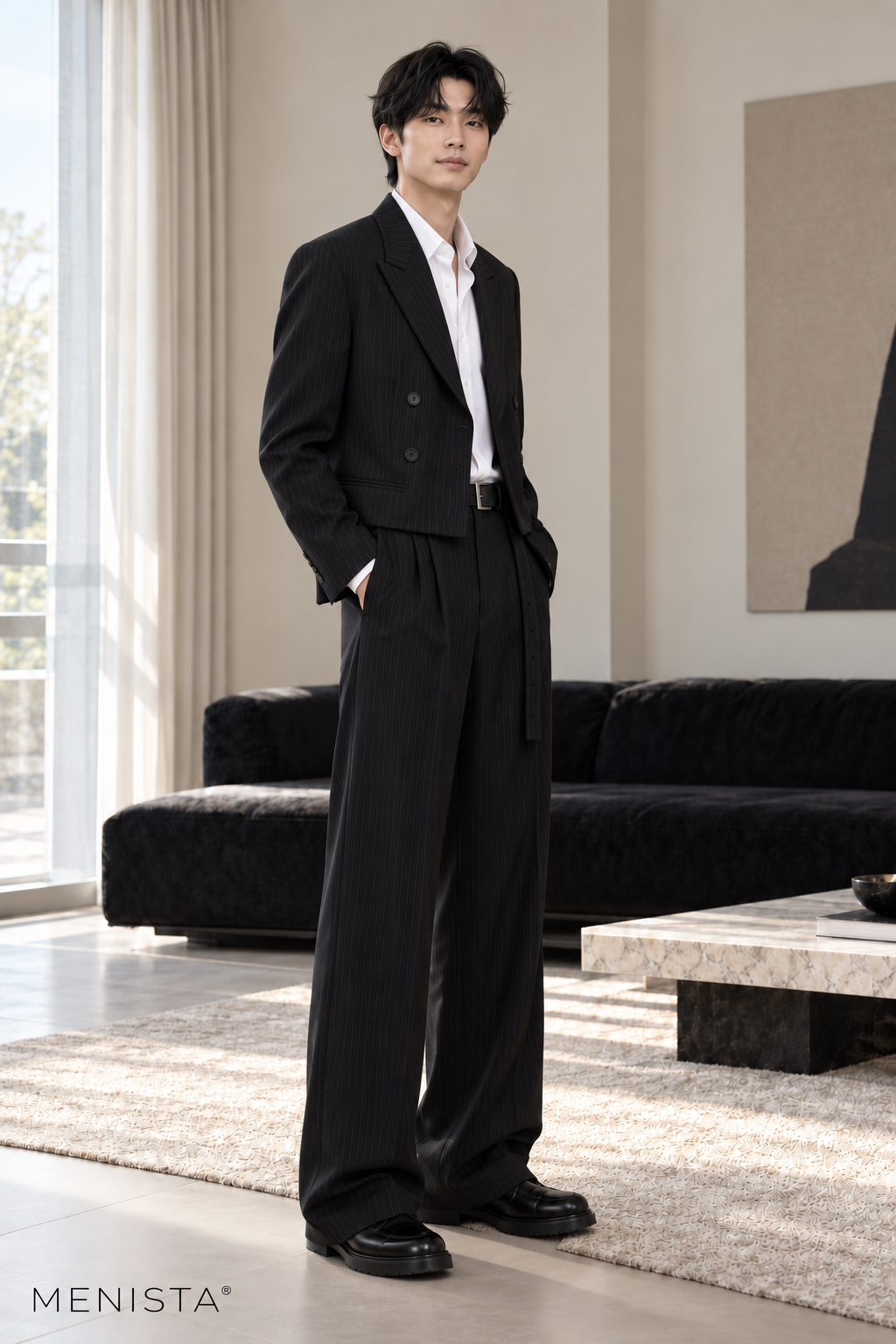 Jovian Black Pinstripe Cropped Double-Breasted 2PC Suit - standing three-quarter side view