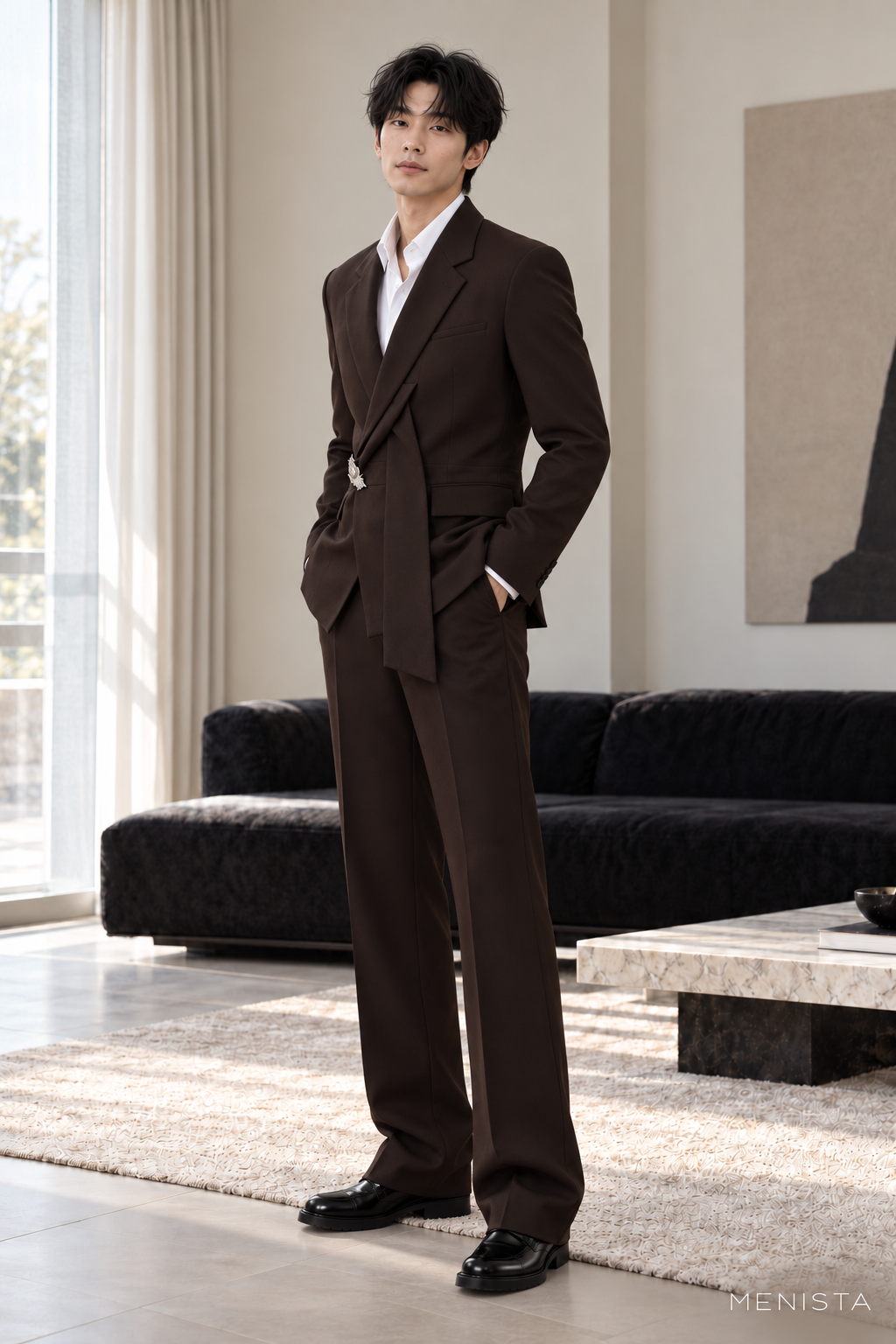 Hadrian Espresso Brown Asymmetric Wrap 2PC Suit - standing three-quarter side view