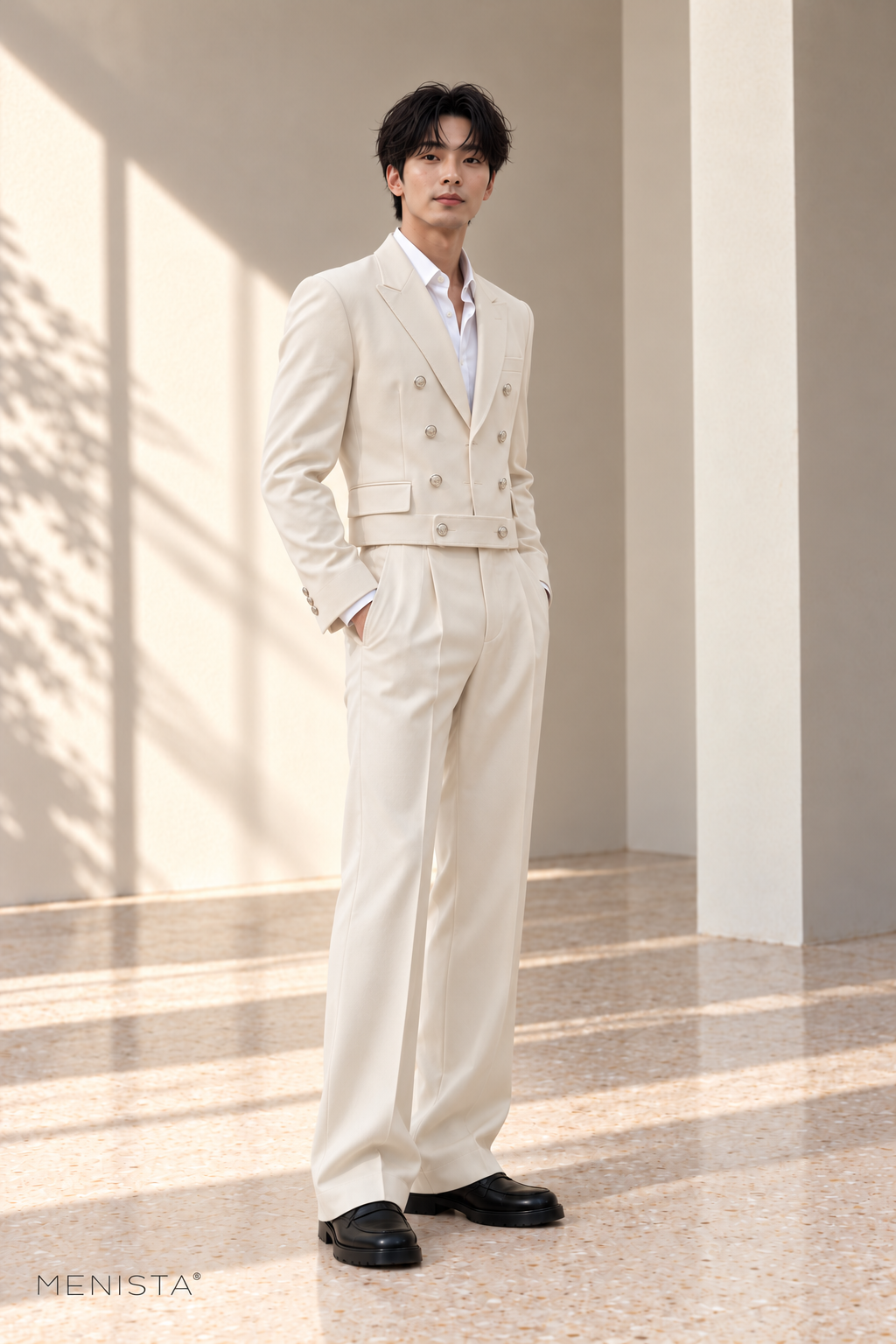 Corvin Ivory Eight-Button Cropped Double-Breasted 2PC Suit - standing three-quarter side view