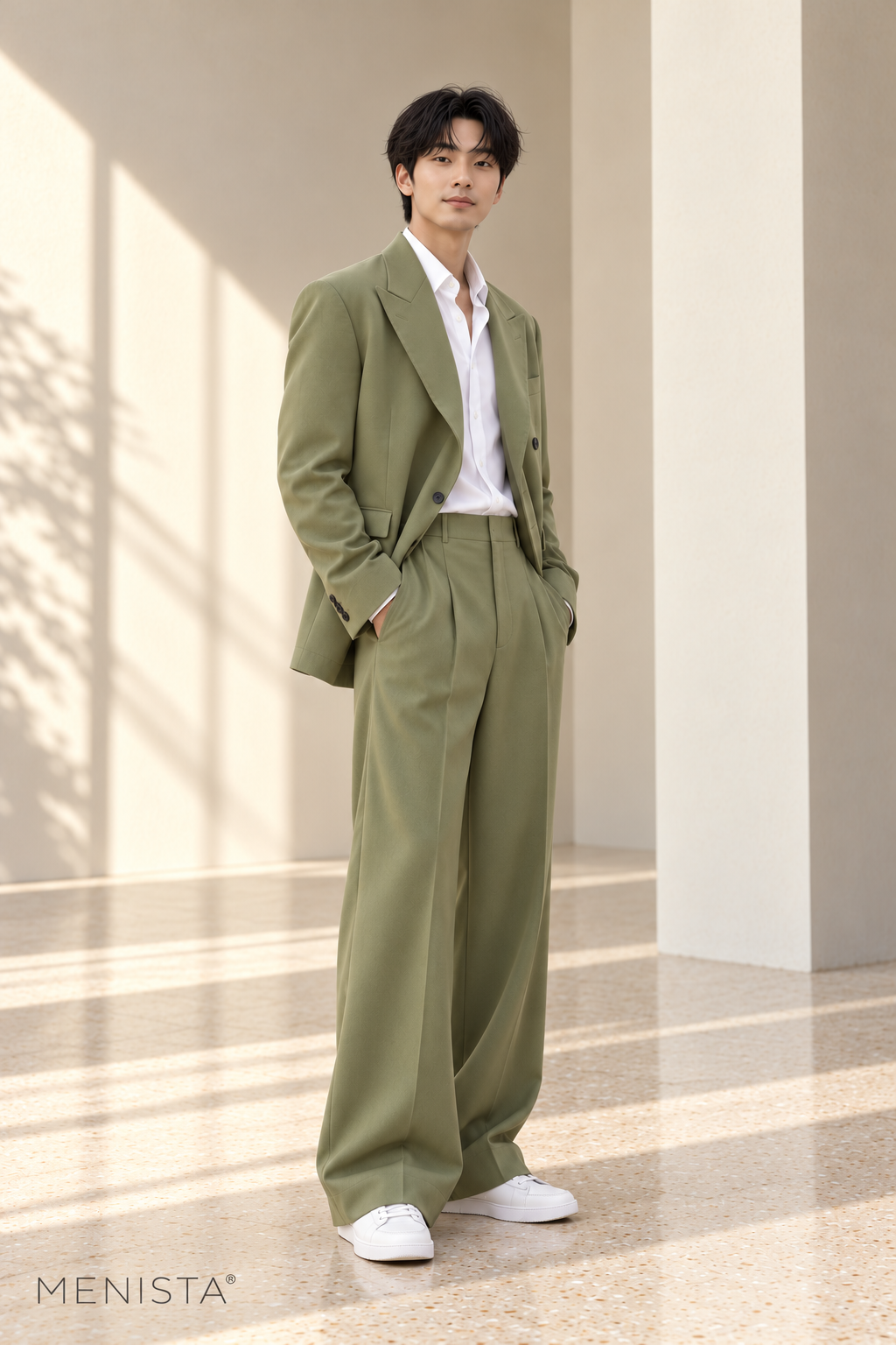 Iver Sage Green Relaxed Double-Breasted 2PC Suit - standing three-quarter side view