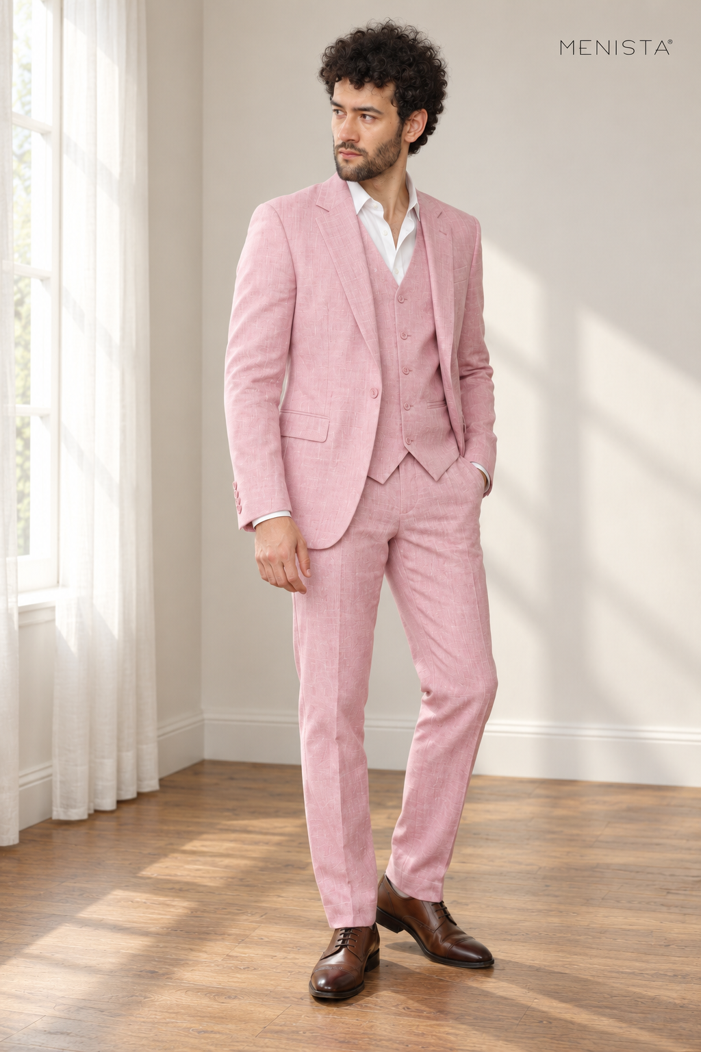 Rosato Cherry Blossom Pink 100% Linen 3PC Suit — side and three-quarter view showing drape