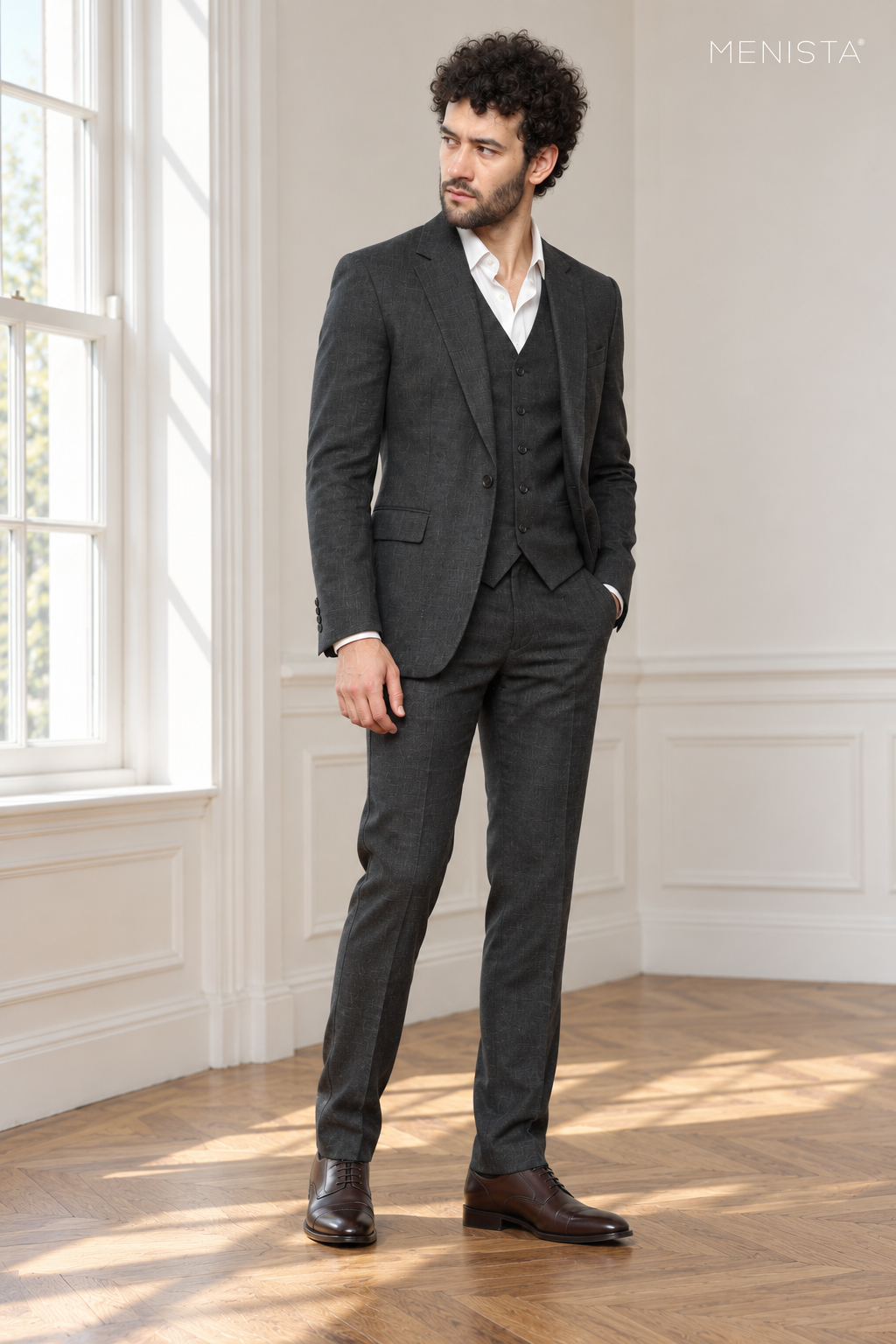 Ombra Dark Charcoal 100% Linen 3PC Suit — side and three-quarter view showing drape