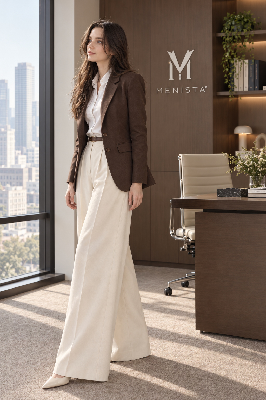 Three-quarter view of the brown notch-lapel blazer and ivory pleated wide-leg trousers.