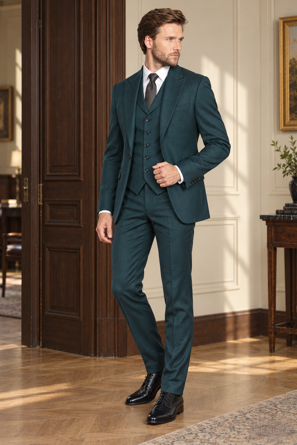 Silas Deep Teal Wool Twill 3PC Suit — three-quarter view showing jacket drape and collared waistcoat