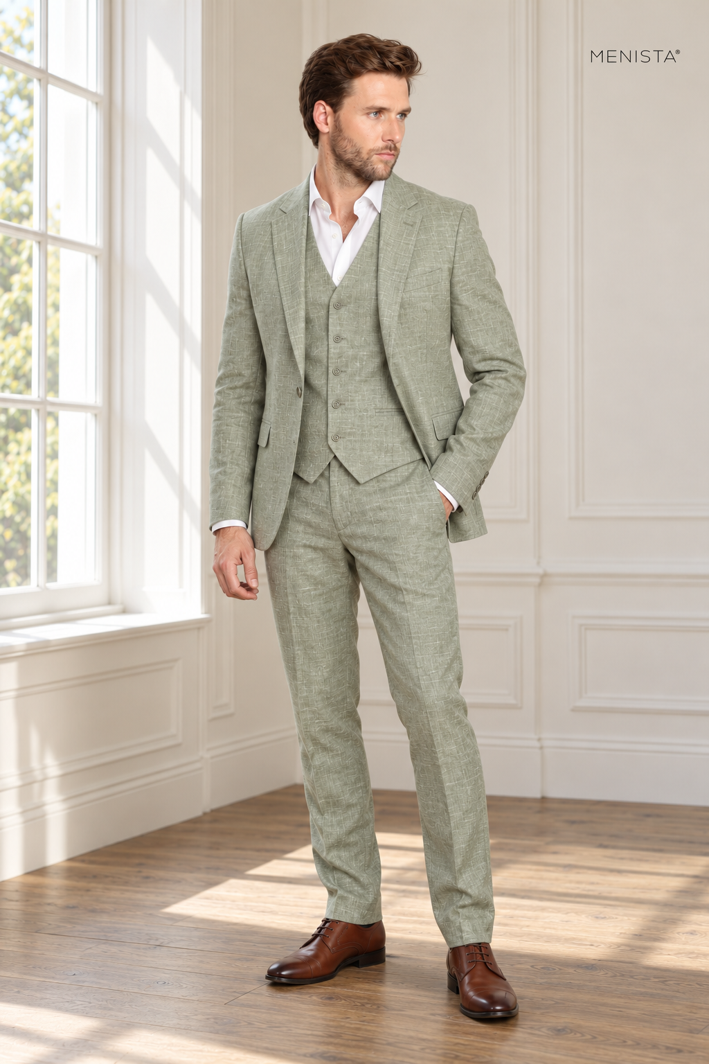Salvia Sage Mist 100% Linen 3PC Suit — side and three-quarter view showing drape