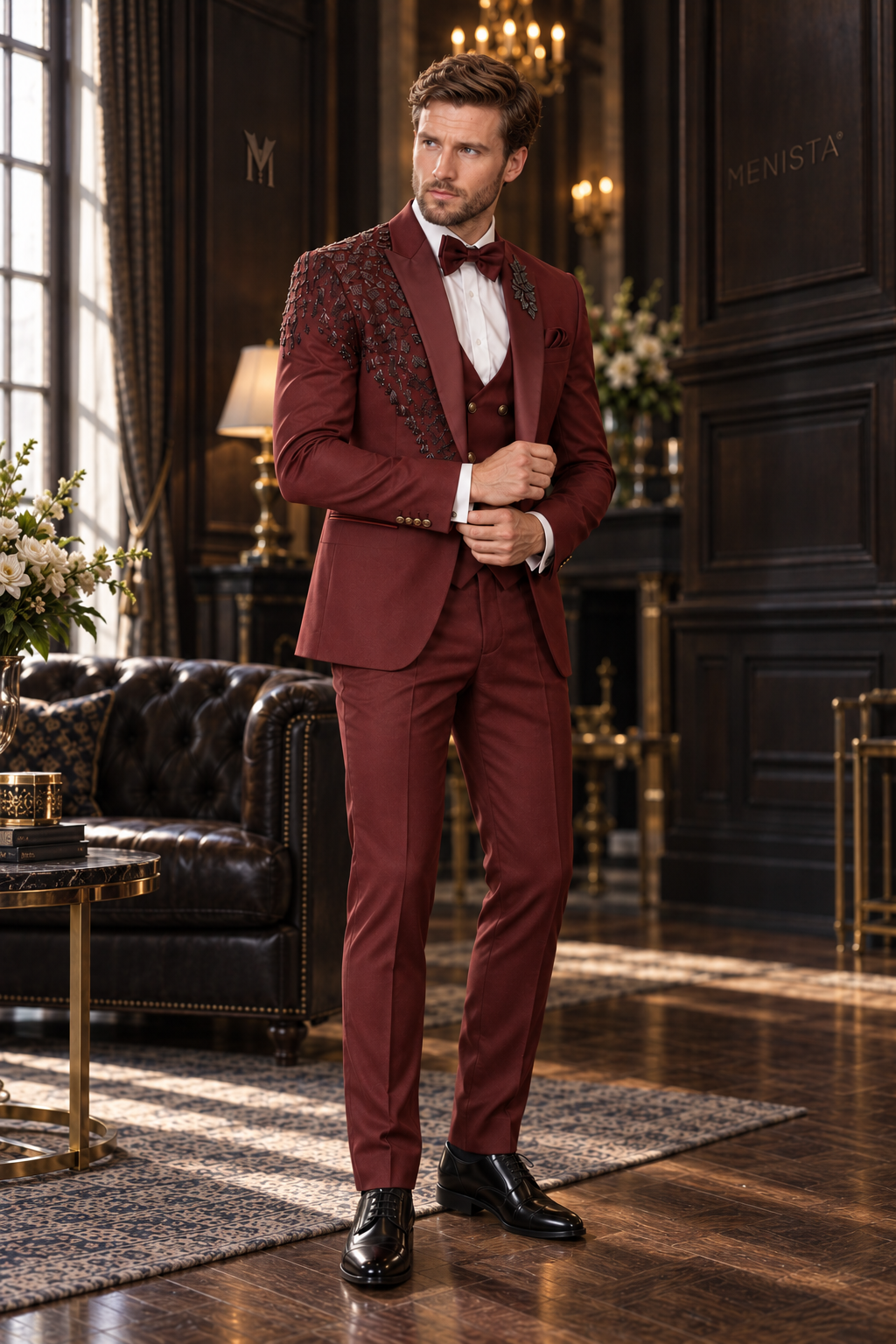 Three-quarter view of the Valen burgundy leaf embroidered tuxedo with plain matching waistcoat and trousers