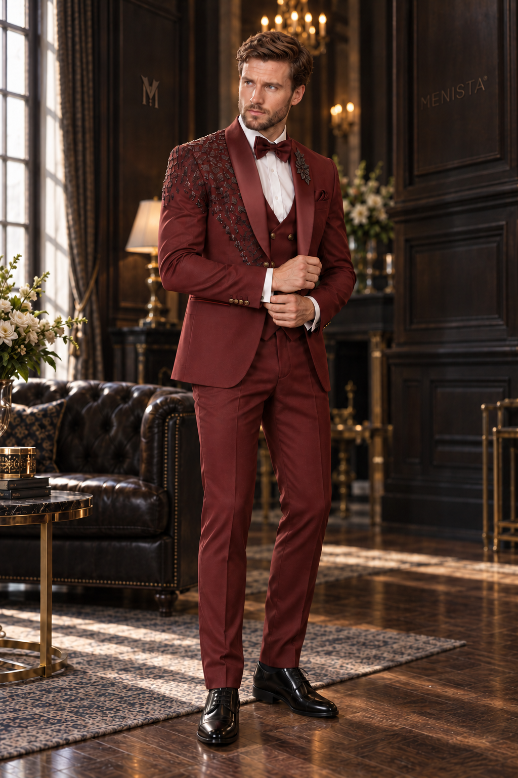 Three-quarter view of Valen burgundy embroidered tuxedo with satin shawl lapels, plain matching waistcoat and trousers.