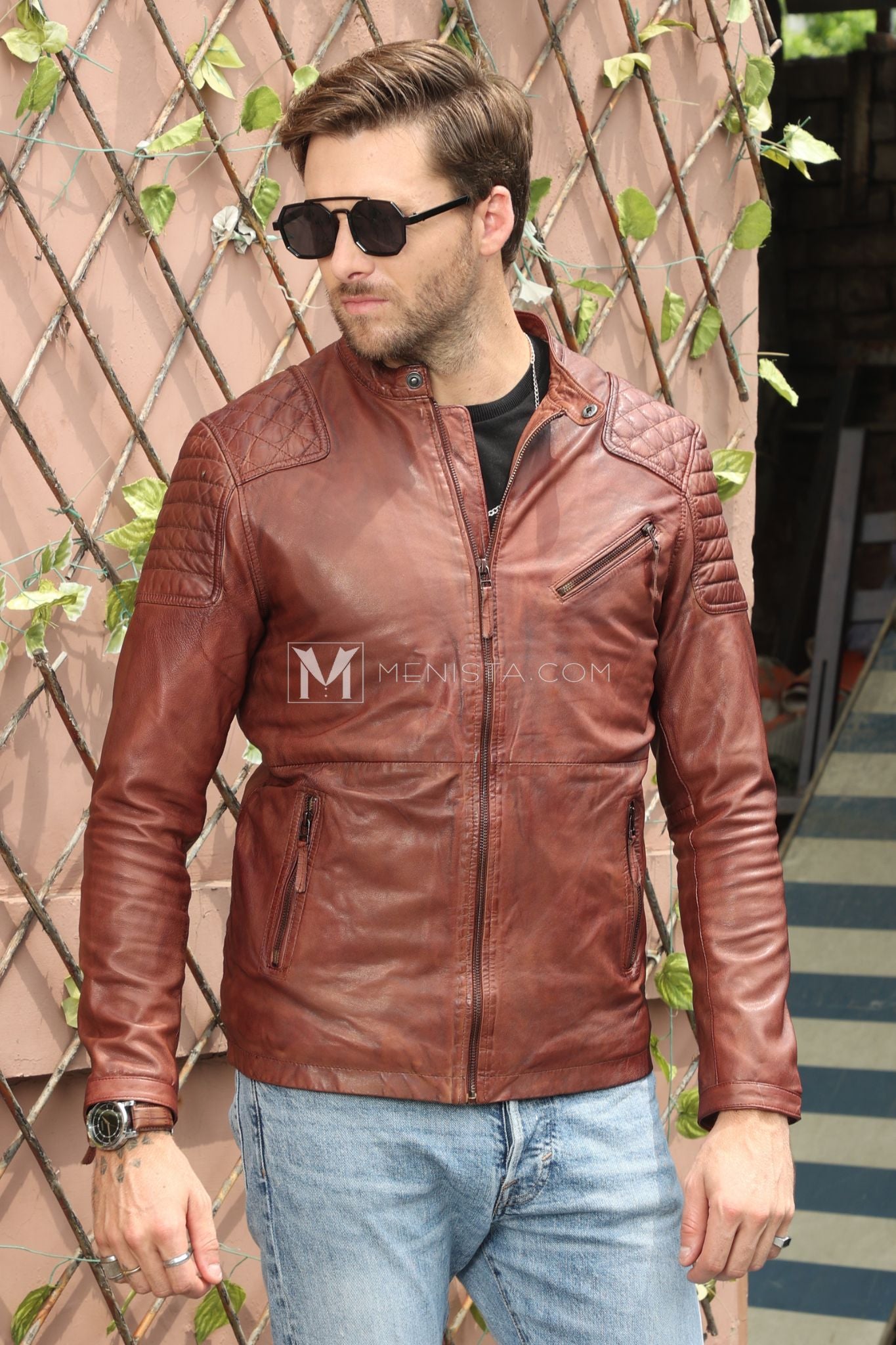 Menista Men's Premium Brown Leather Biker Jacket - Classic, Durable, and Stylish