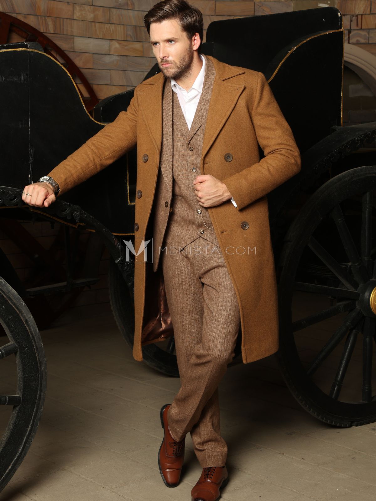 Brown Men’s Long Coat by Menista - Classic Tailored Fit for Refined Style