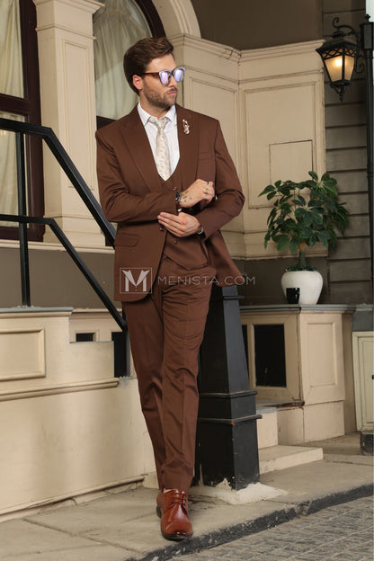 Stylish Brown 3-Piece Suit by Menista – Single-Breasted, Elegant Men's Formal Suit