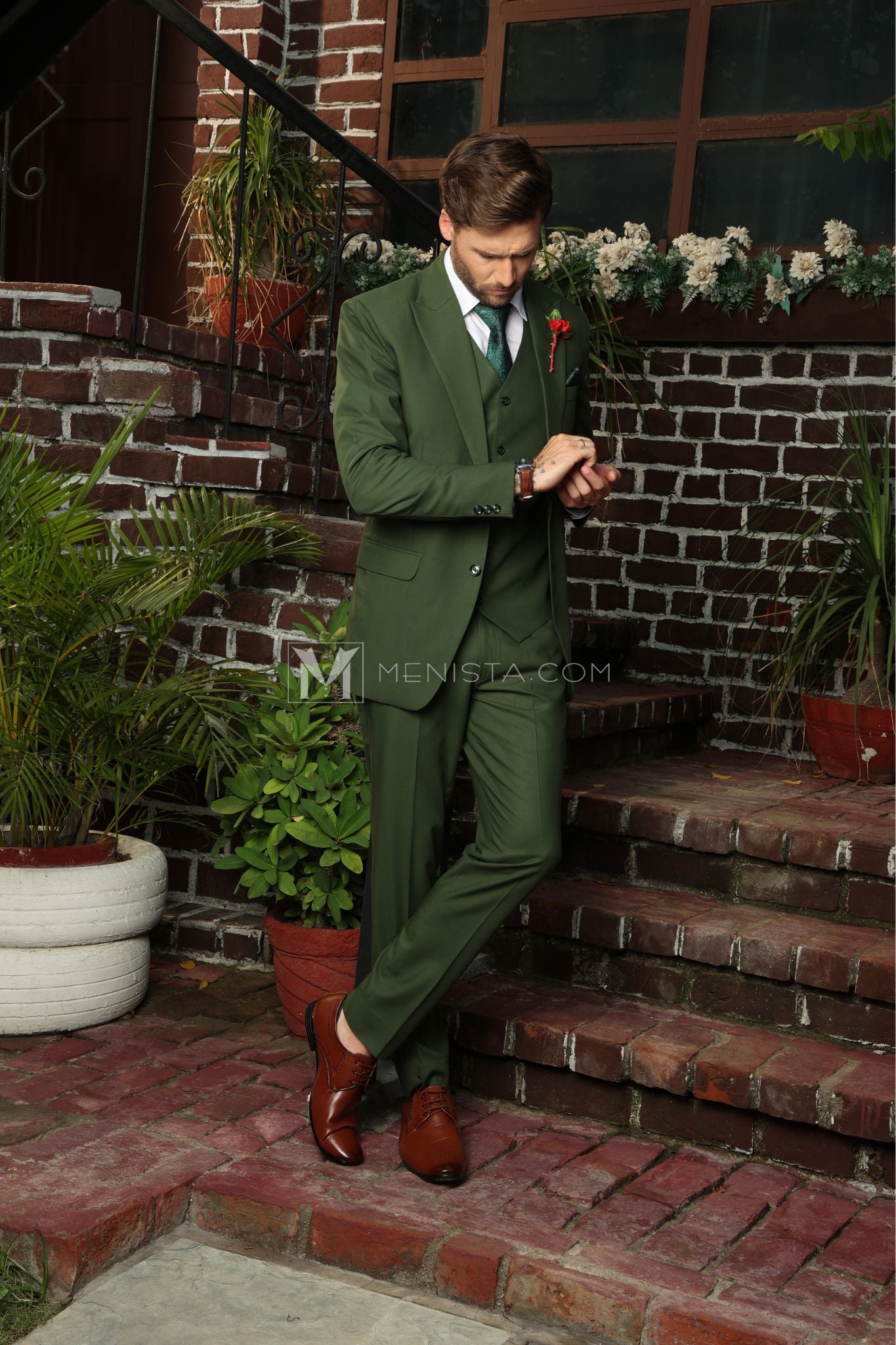 Elegant Green 3-Piece Suit by Menista – Single-Breasted, Stylish Men's Formal Suit