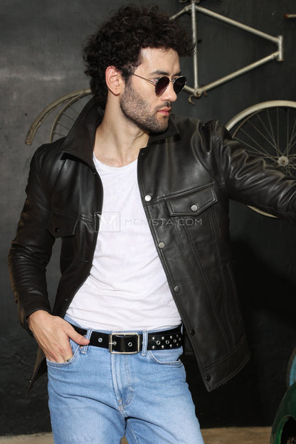 Menista Men's Black Leather Jacket - Casual Stylish Look