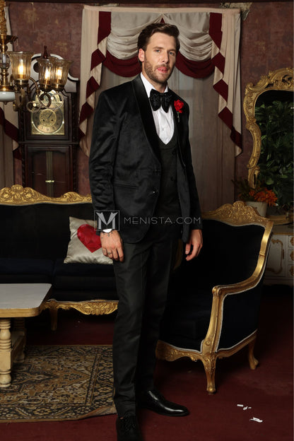 Luxurious Velvet Black Suit for Men with Rose Lapel Pin – Ideal for Weddings and Special Events | Menista