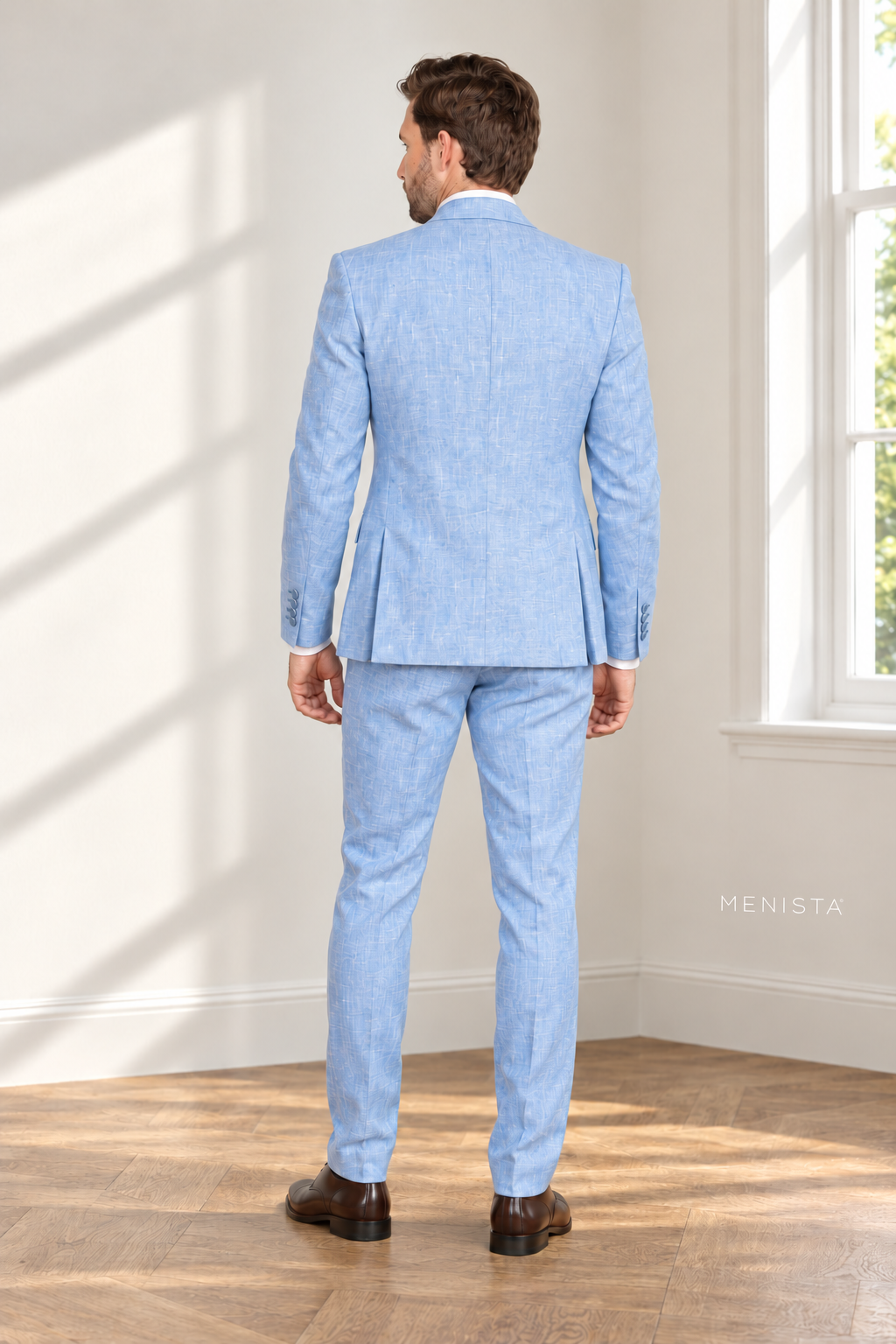Azzurro Sky Blue 100% Linen 3PC Suit — full-body back view showing double vents