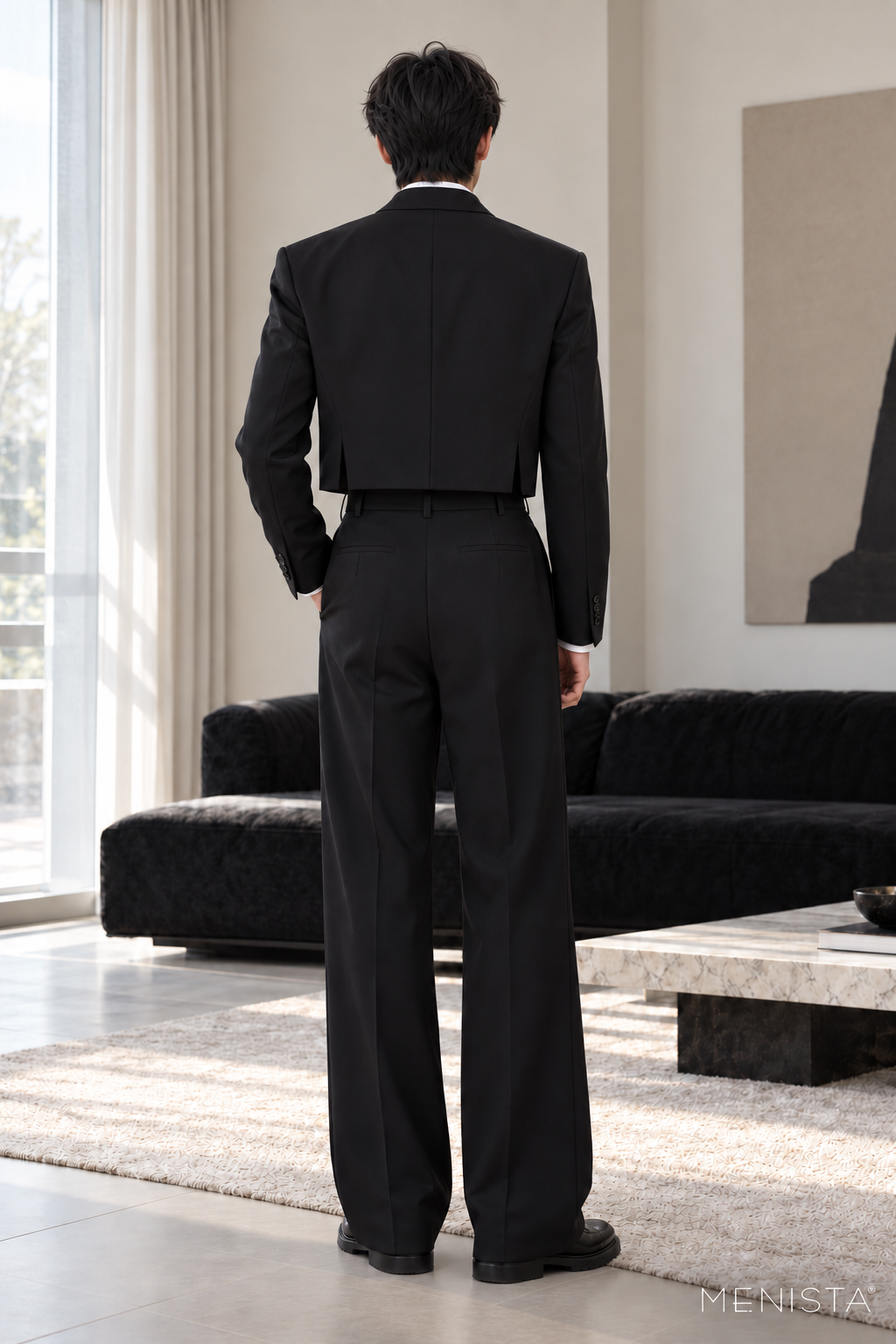 Lucero Black Utility-Pocket Cropped 2PC Suit - full-body back with two side vents