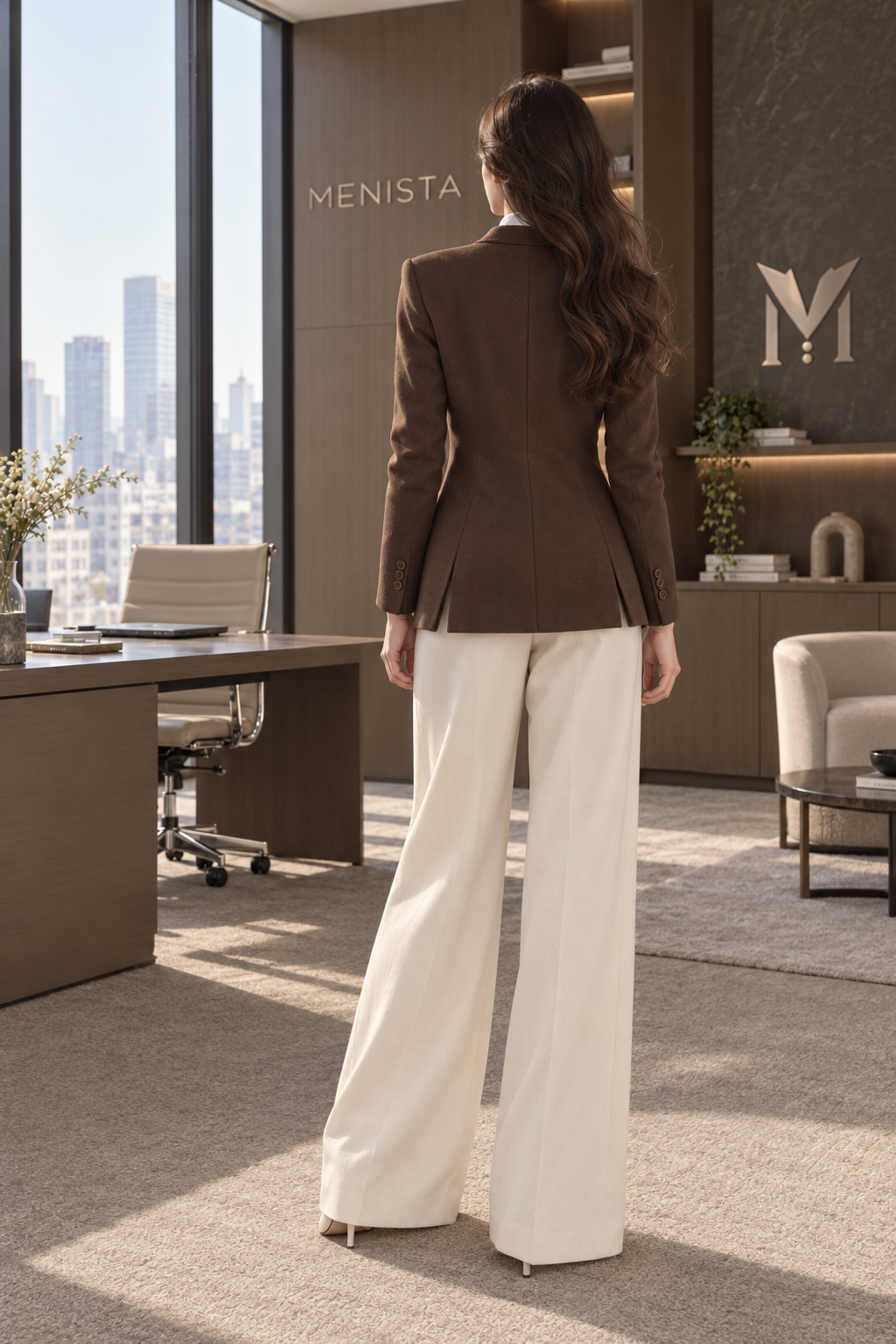 Back view of the brown women’s blazer with twin side vents and ivory wide-leg trousers.