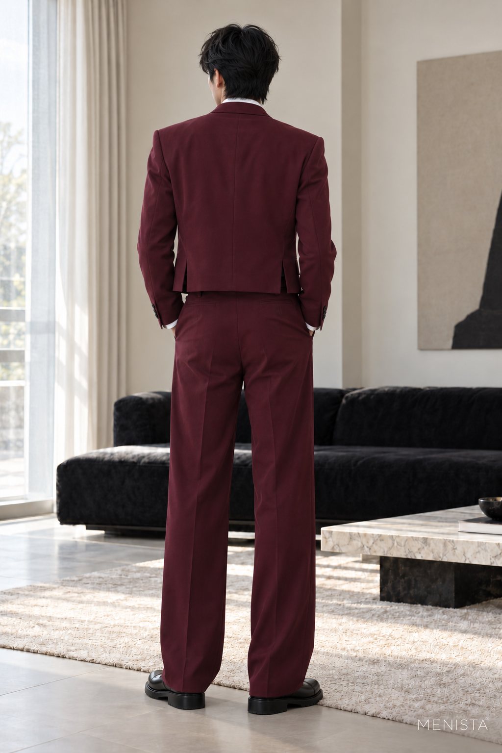 Leandro Burgundy Cropped Wide-Leg 2PC Suit - full-body back with two side vents