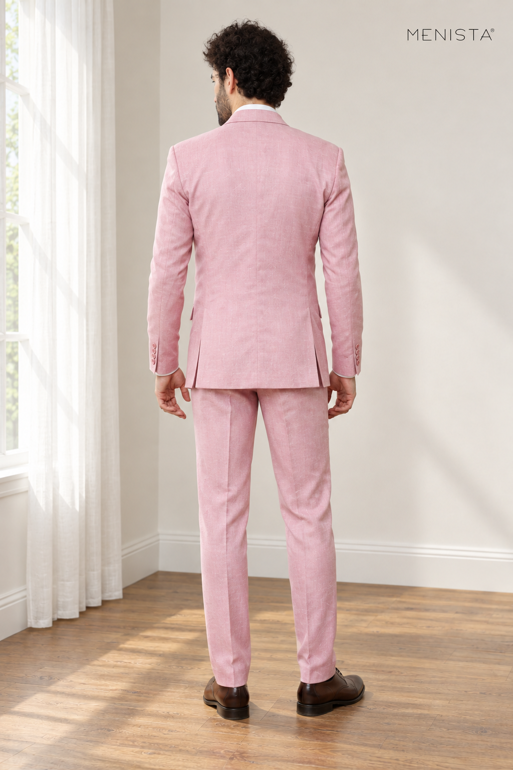 Rosato Cherry Blossom Pink 100% Linen 3PC Suit — full-body back view showing double vents