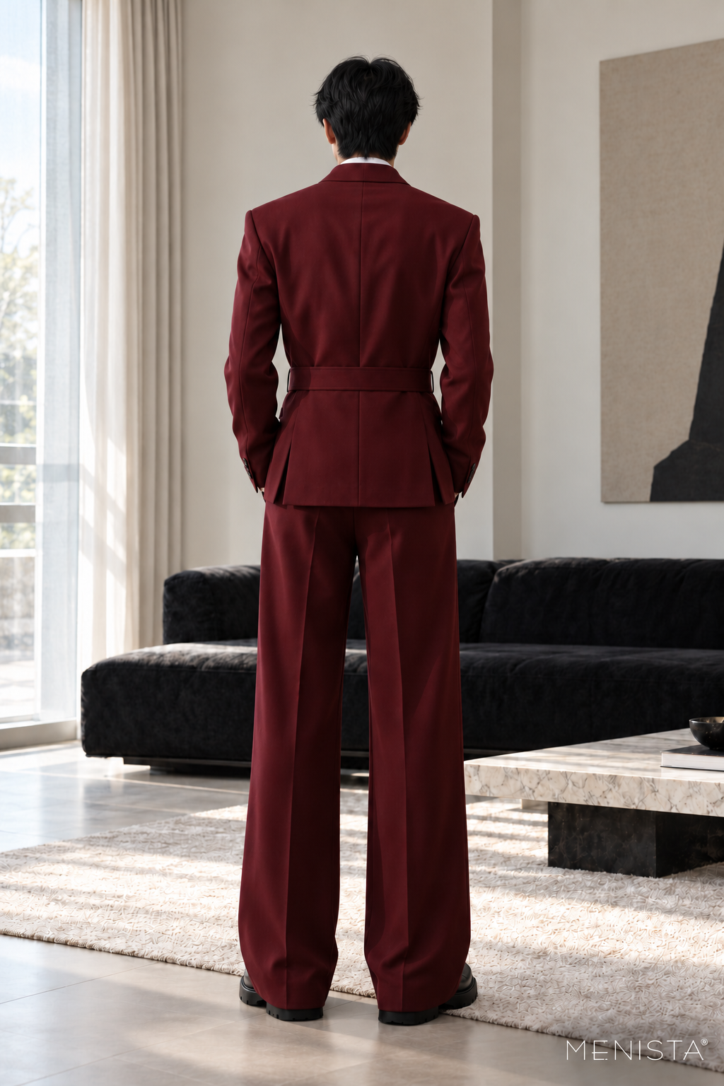Dacian Burgundy Buckle-Wrap Wide-Leg 2PC Suit - full-body back with two side vents