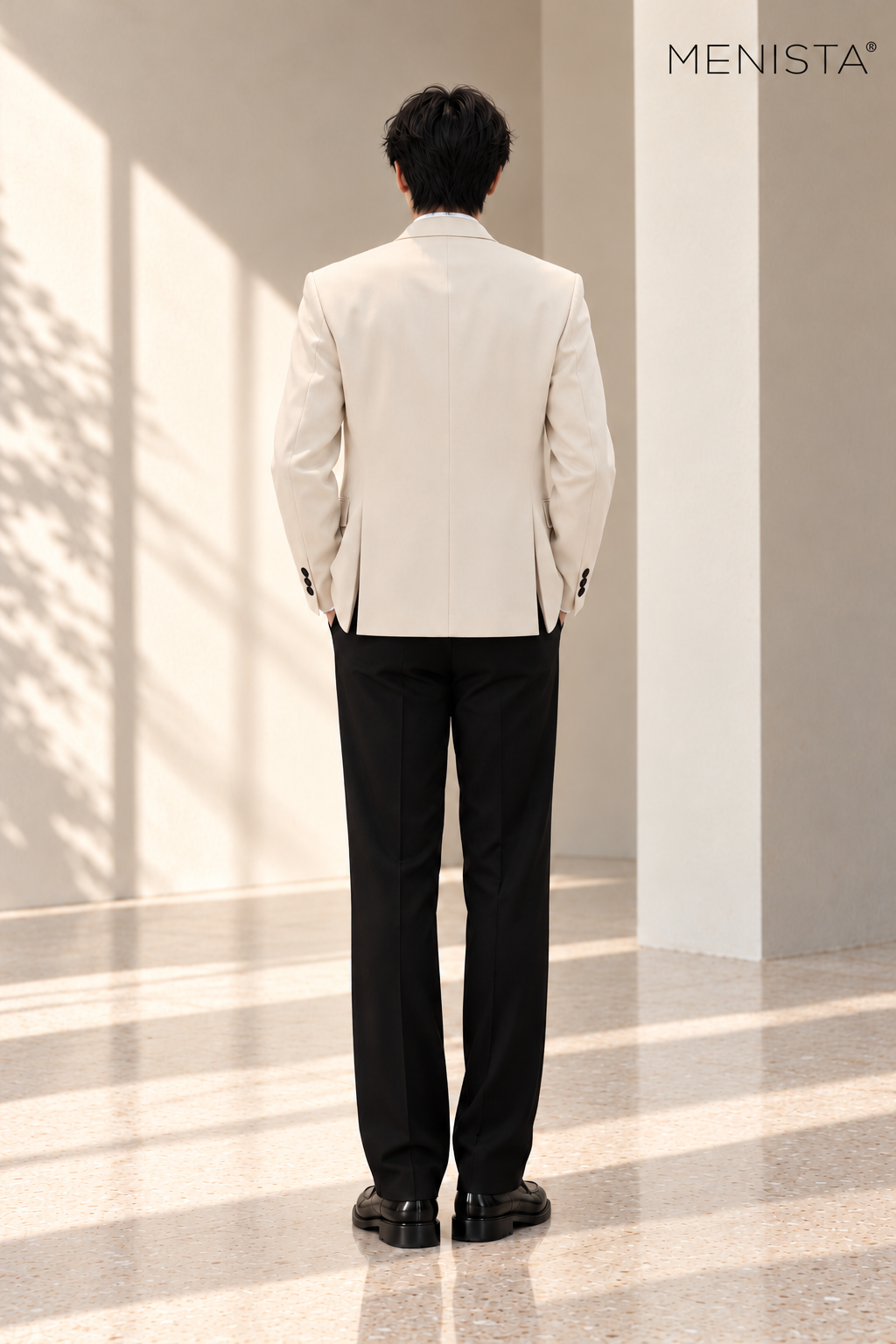 Draven Ivory and Black One-Button 2PC Suit Separates - full-body back with two side vents