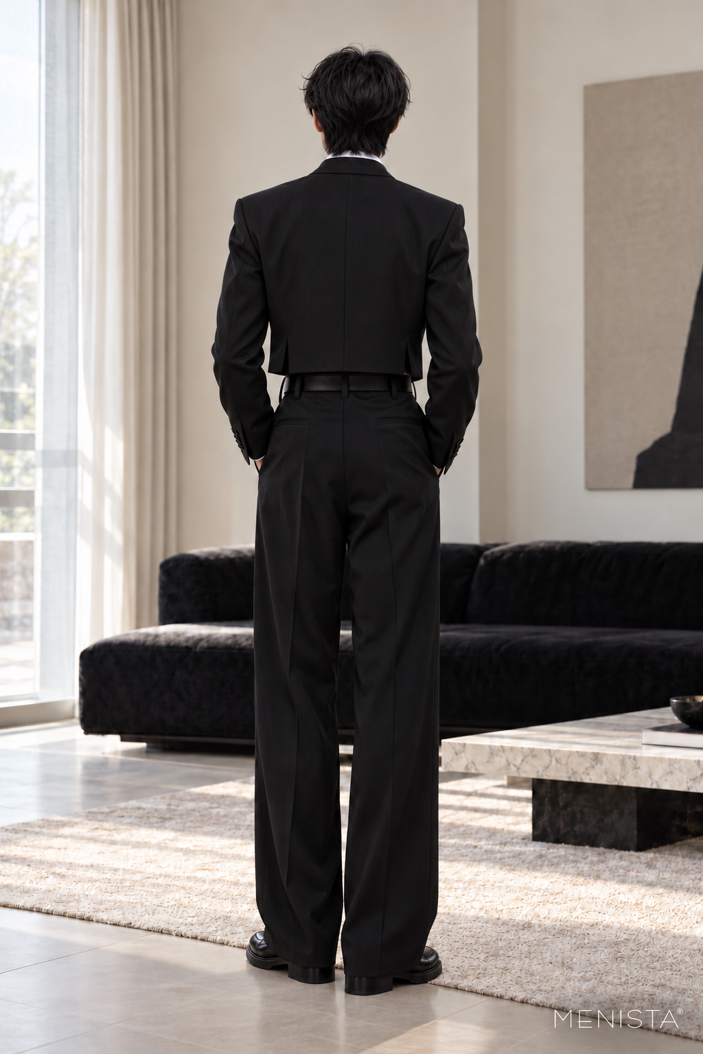 Avenor Black Angular Cropped 2PC Suit - full-body back with two side vents