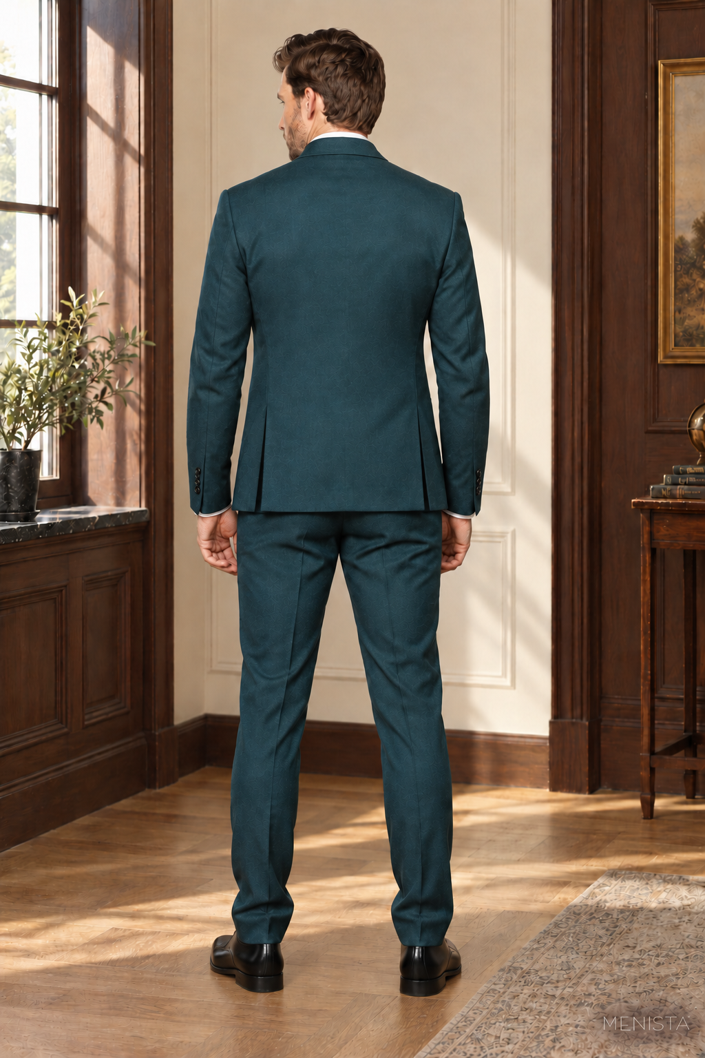 Silas Deep Teal Wool Twill 3PC Suit — full-body back showing double side vents
