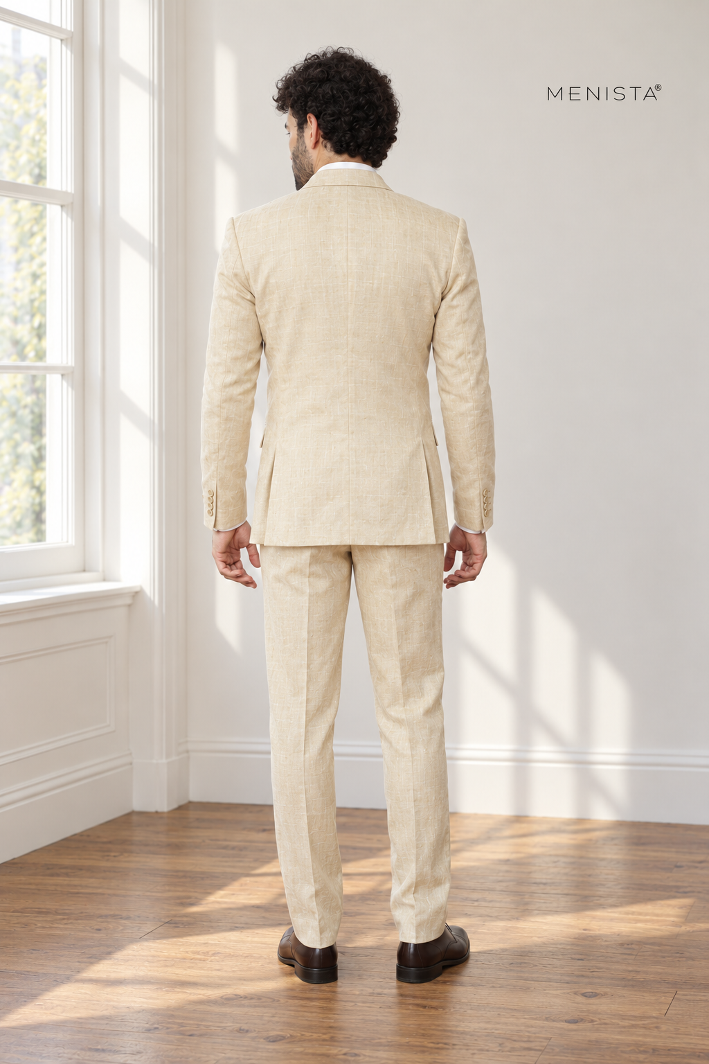 Solaro Light Cream 100% Linen 3PC Suit — full-body back view showing double vents