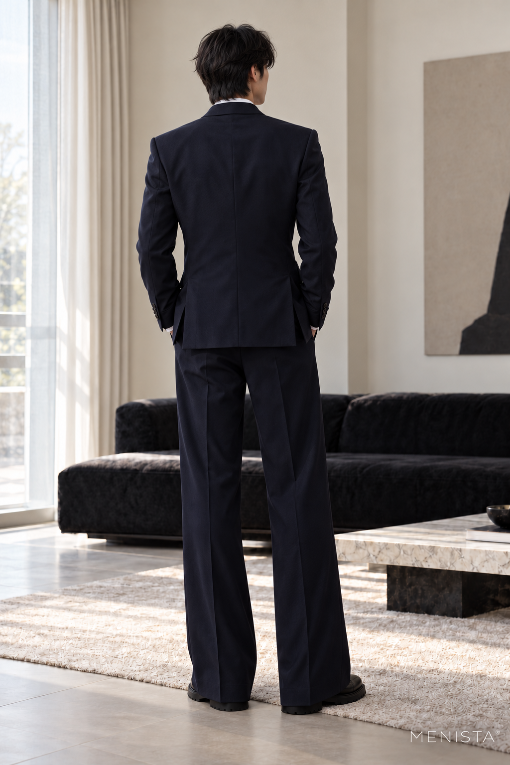 Osric Navy Buckle-Wrap Wide-Leg 2PC Suit - full-body back with two side vents