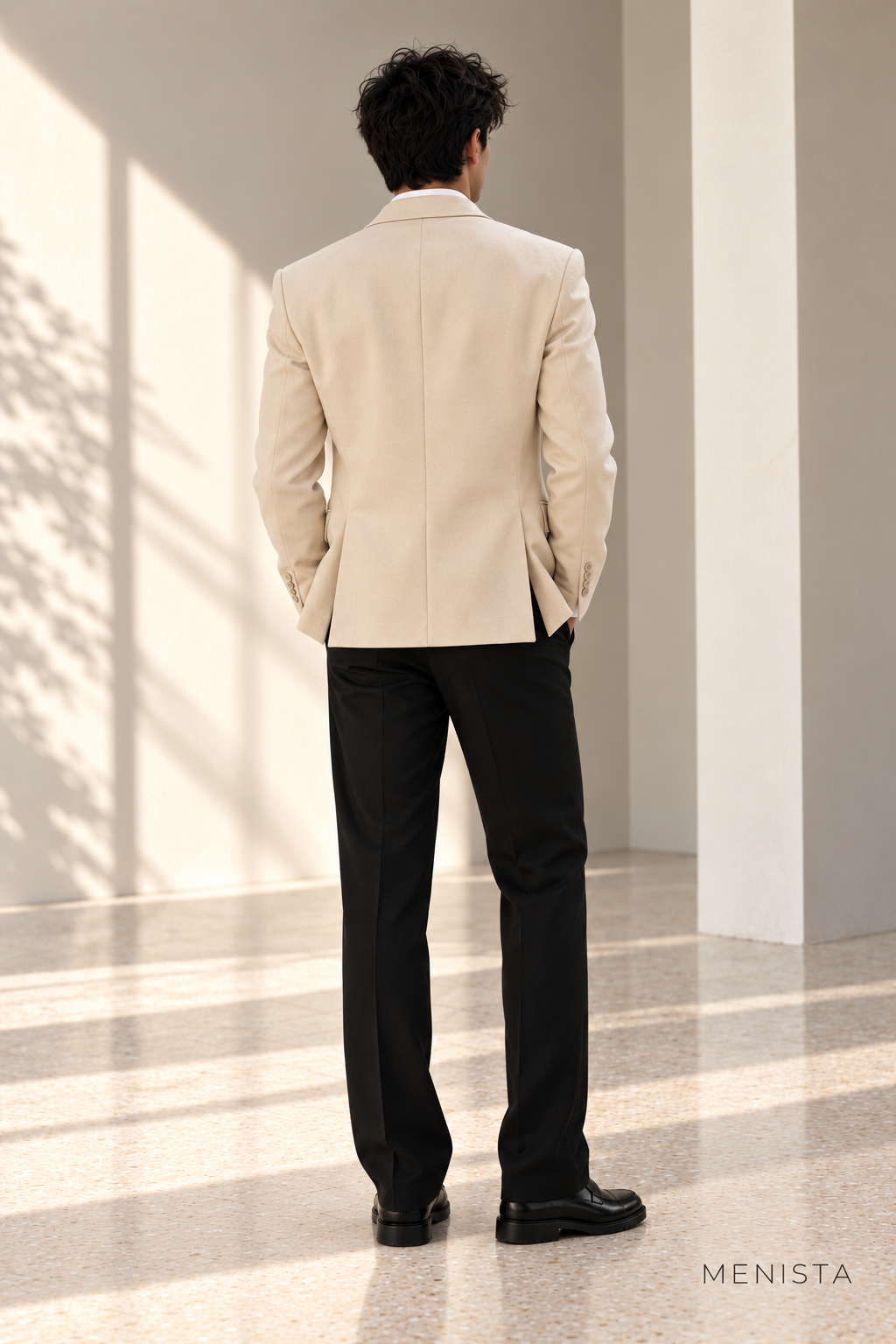 Cedran Cream Patch-Pocket Jacket and Black Trousers 2PC Suit - full-body back with two side vents