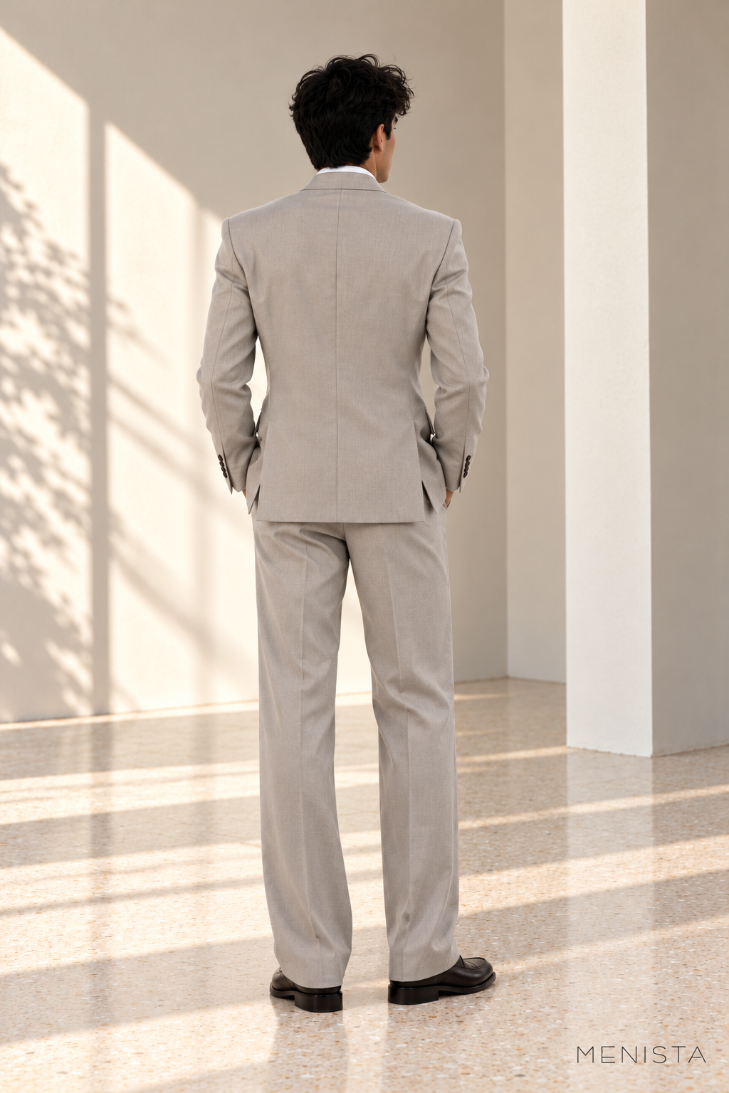 Kieran Light Grey Peak-Lapel Double-Breasted 2PC Suit - full-body back with two side vents