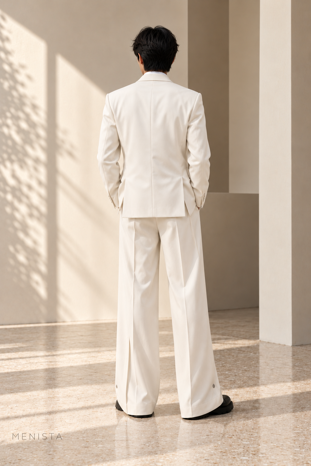 Nerian White Buckle-Wrap Wide-Leg 2PC Suit - full-body back with two side vents