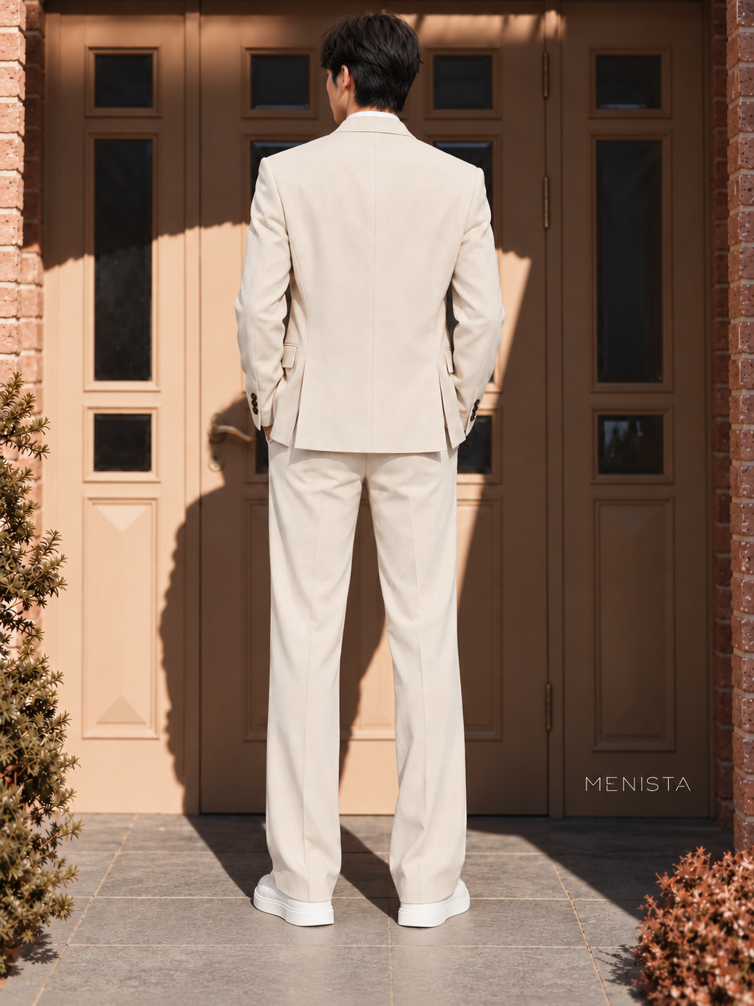 Aldren Ivory Six-Button Double-Breasted 2PC Suit - full-body back with two side vents
