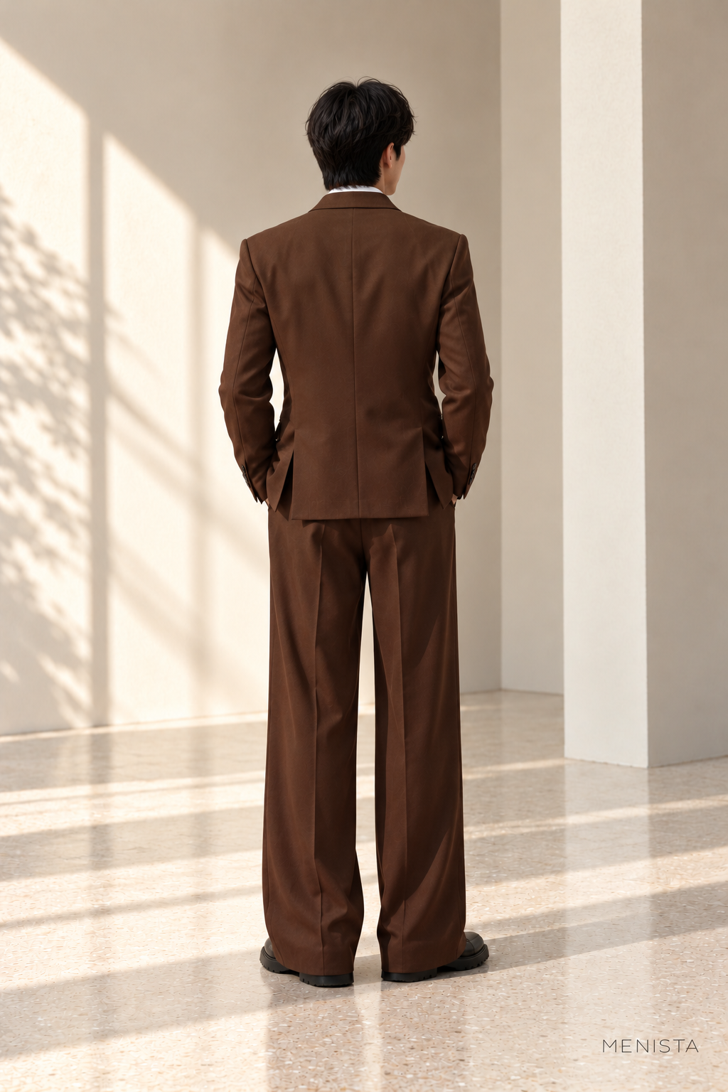 Marek Chocolate Brown Buckle-Wrap Wide-Leg 2PC Suit - full-body back with two side vents