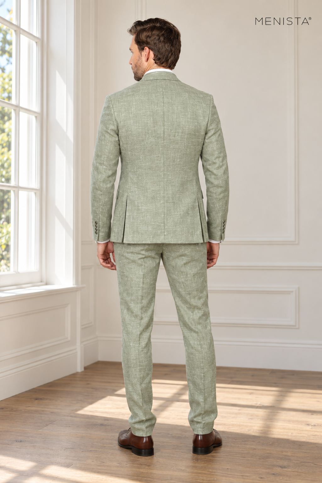 Salvia Sage Mist 100% Linen 3PC Suit — full-body back view showing double vents